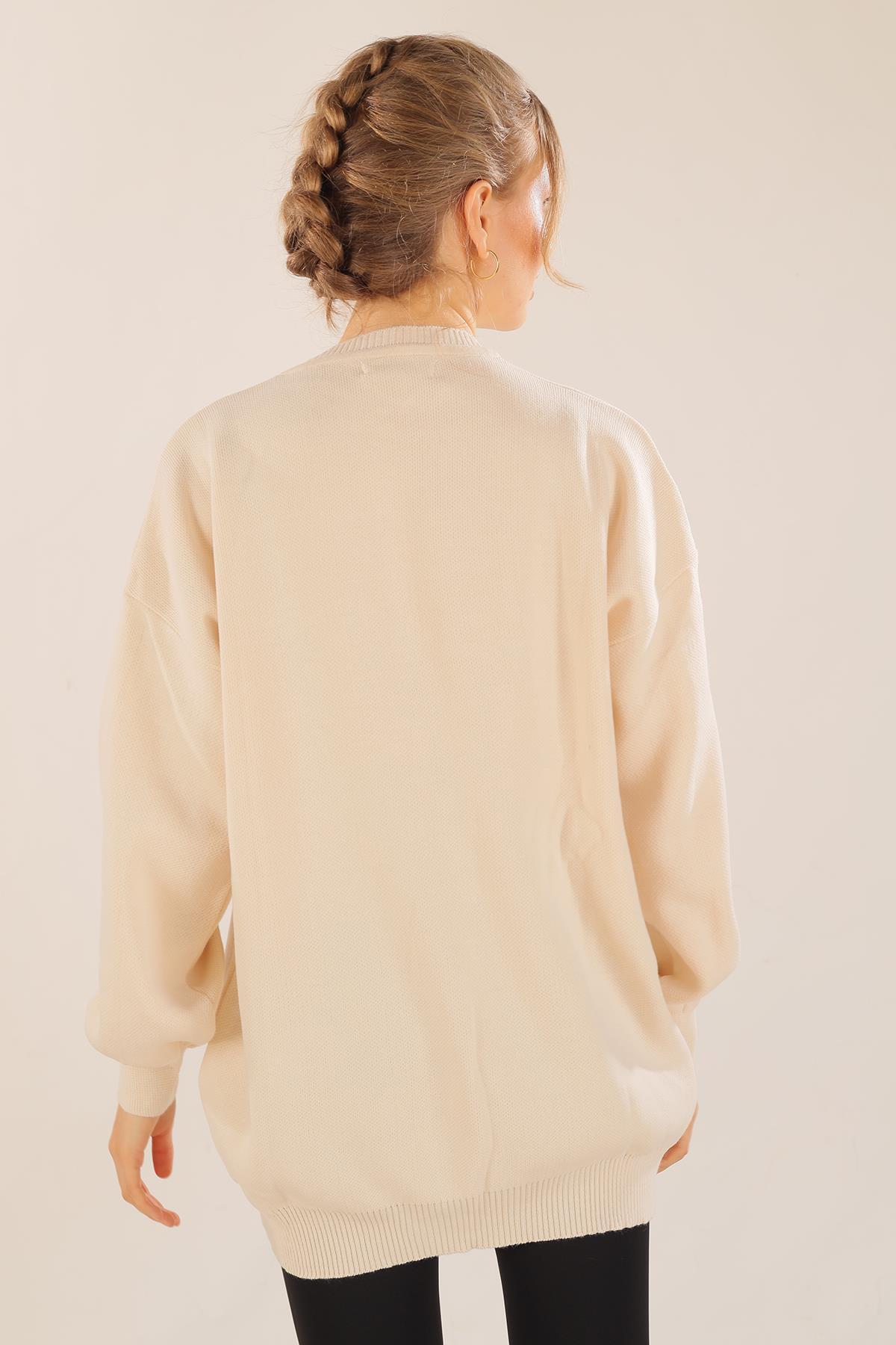 Bej Boncuk İşlemeli Balon Kol Kazak 1335 - 7