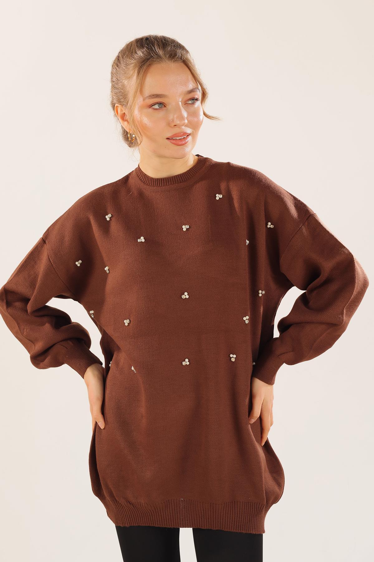 Kahve Boncuk İşlemeli Balon Kol Kazak 1335 - 3