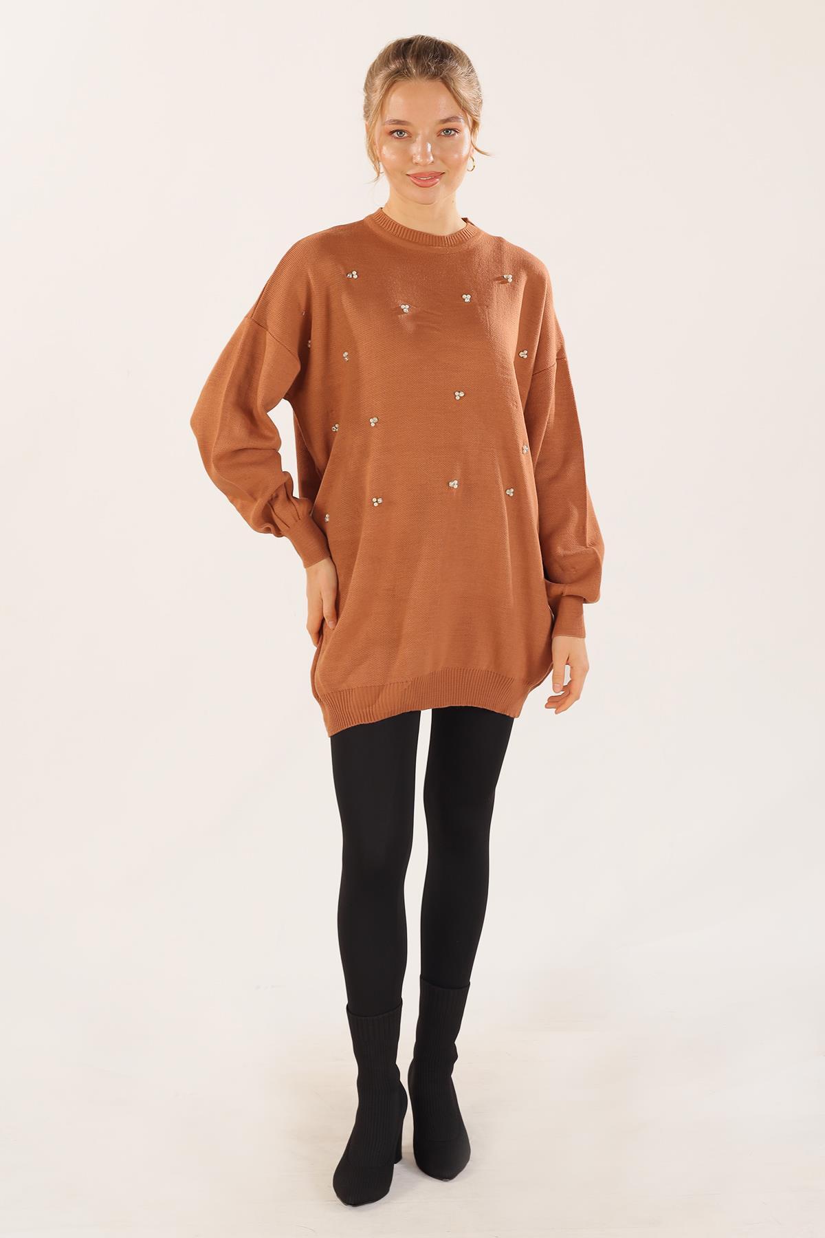 Karamel Boncuk İşlemeli Balon Kol Kazak 1335 