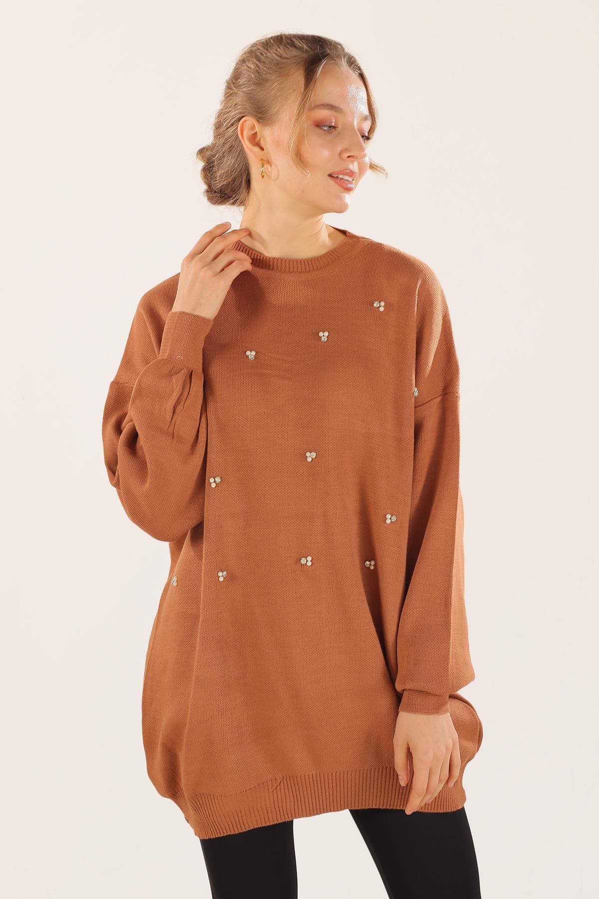 Karamel Boncuk İşlemeli Balon Kol Kazak 1335 - 2