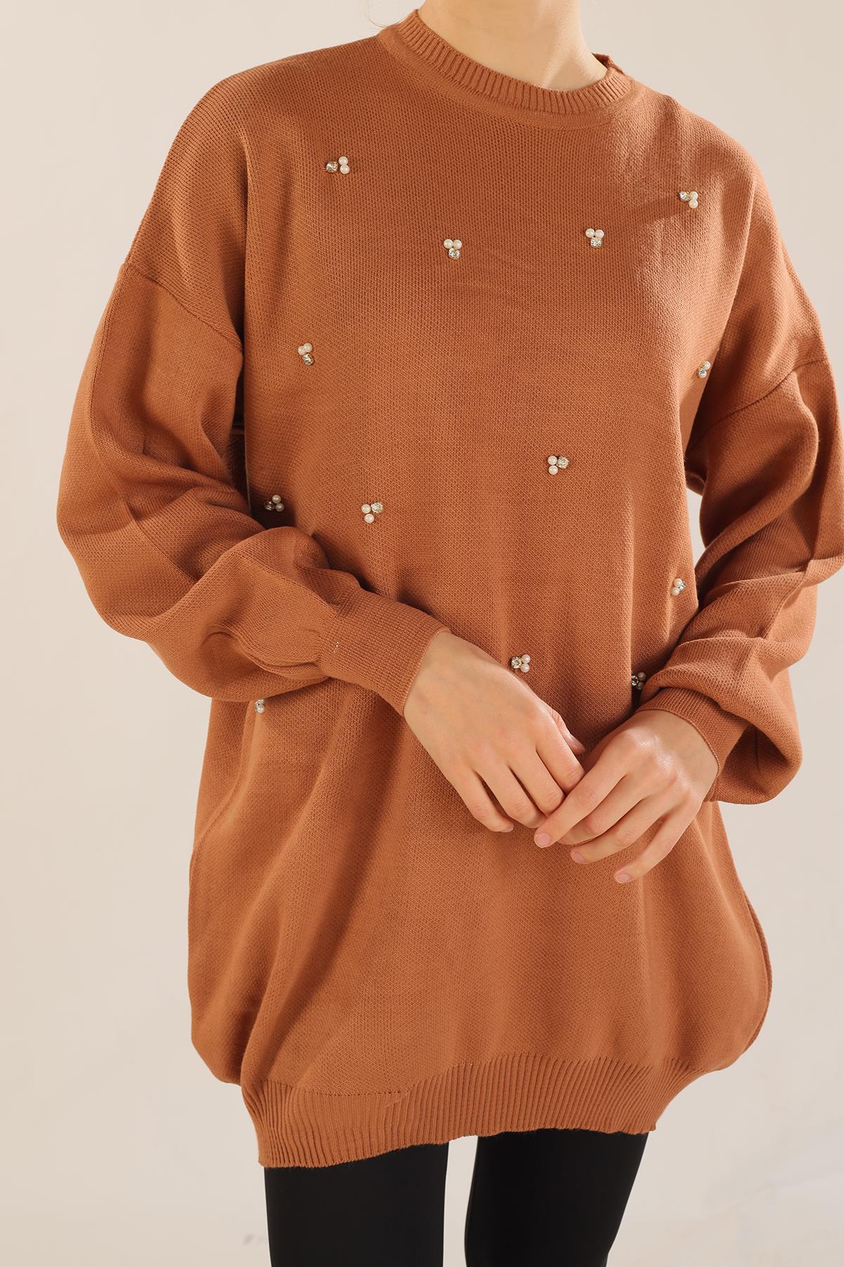 Karamel Boncuk İşlemeli Balon Kol Kazak 1335 - 5