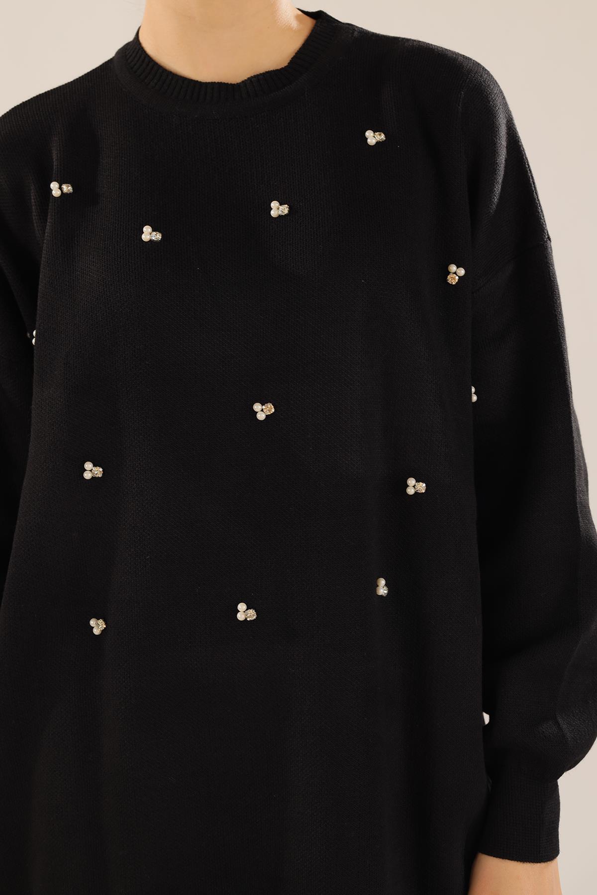 1335 Boncuk İşlemeli Balon Kol Kazak Siyah - 5