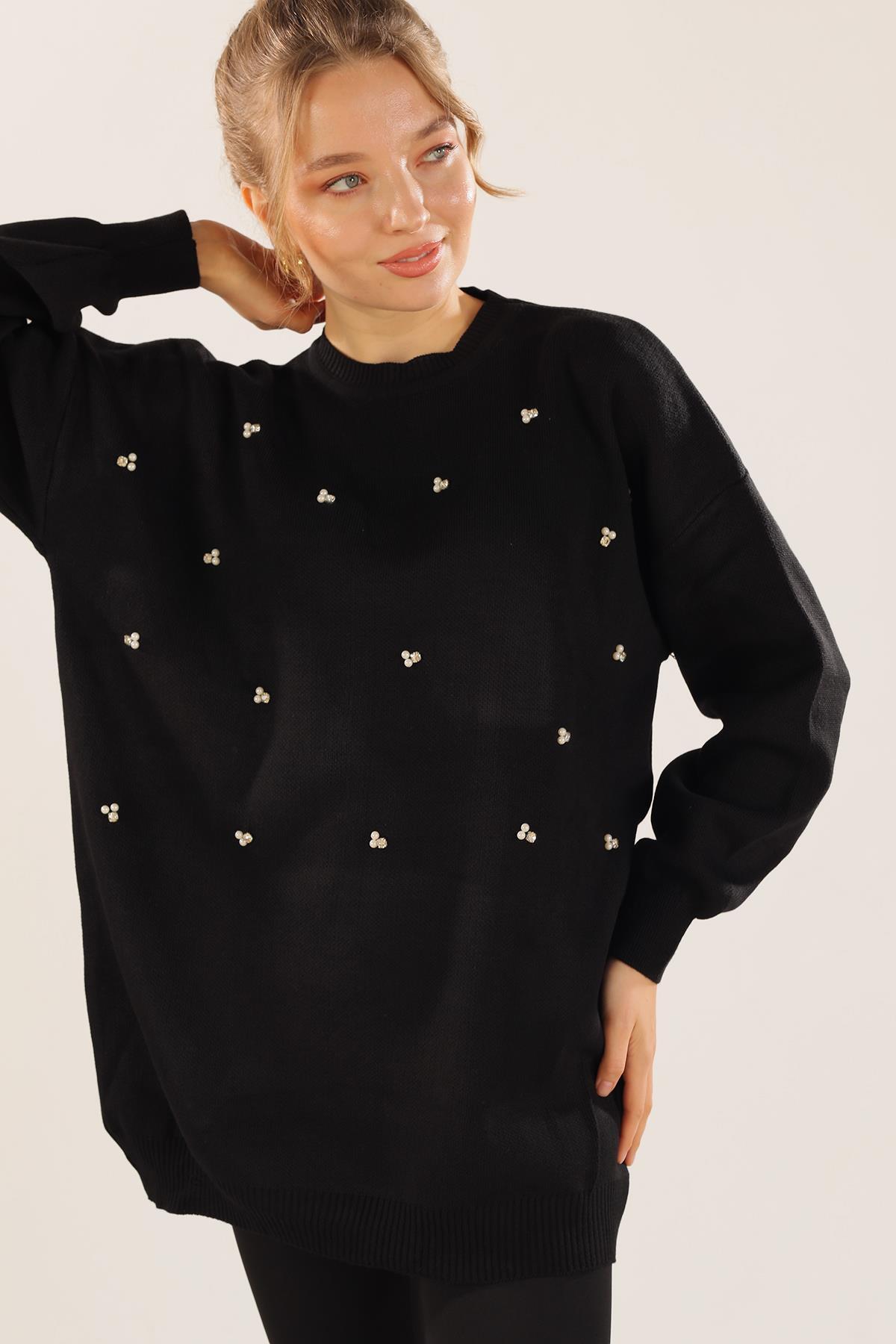 1335 Boncuk İşlemeli Balon Kol Kazak Siyah - 4