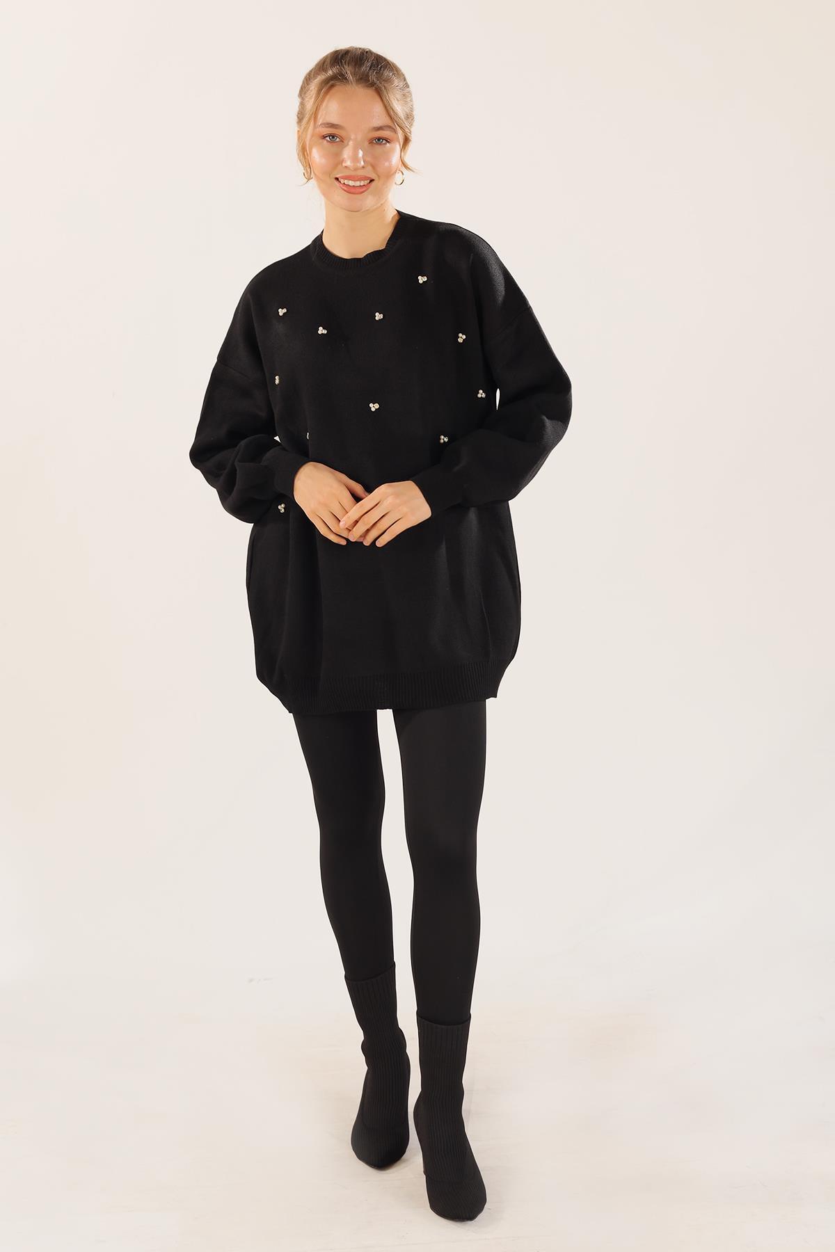 Siyah Boncuk İşlemeli Balon Kol Kazak 1335 - 1