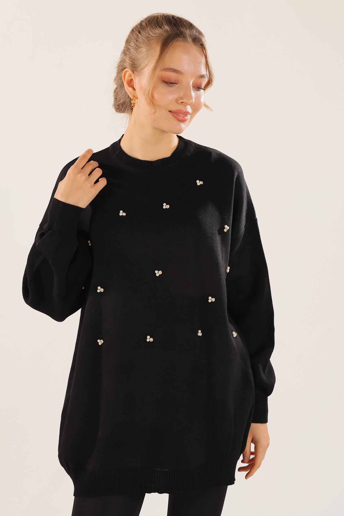 Siyah Boncuk İşlemeli Balon Kol Kazak 1335 - 2