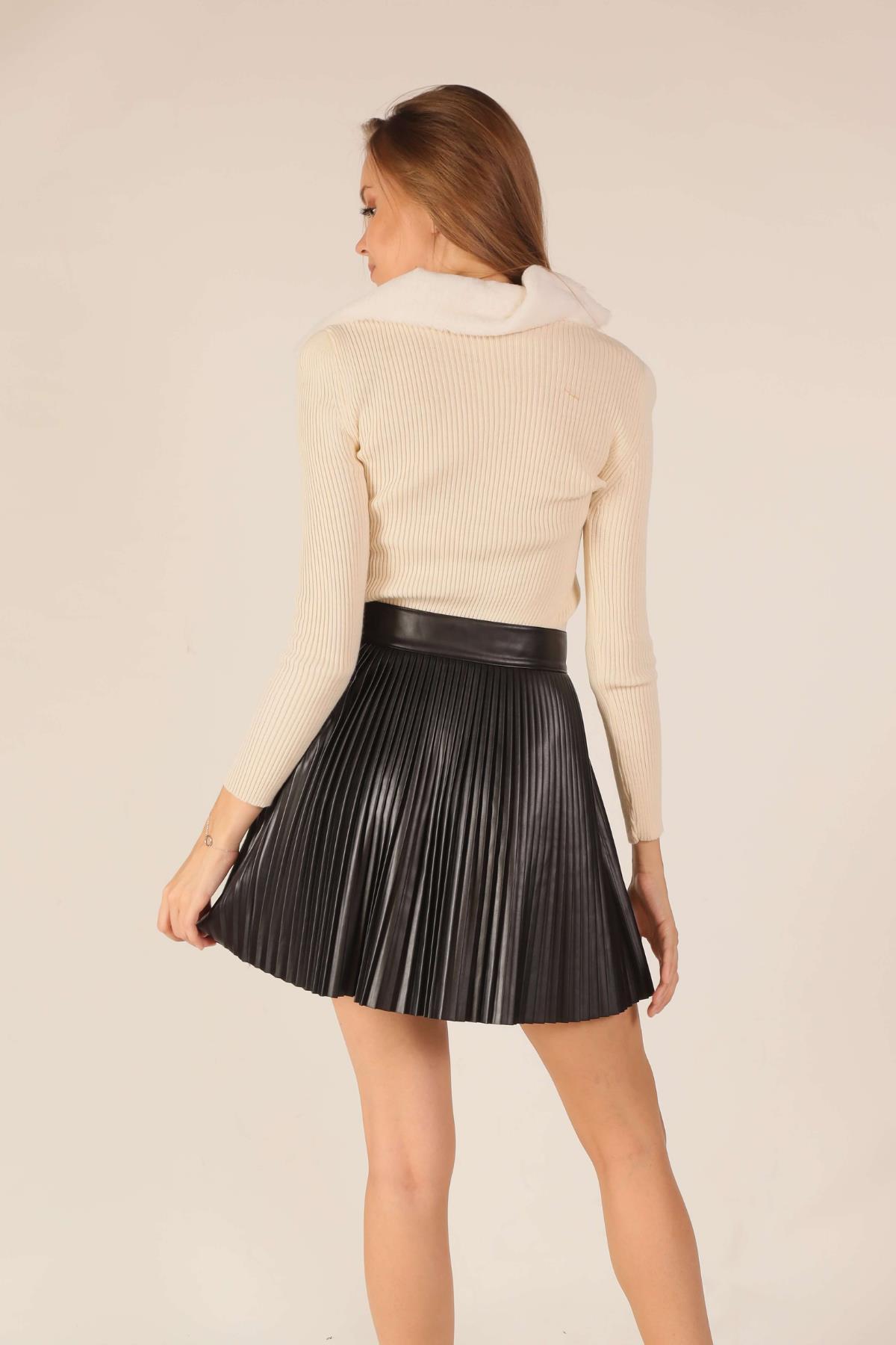 1335 Pliseli Deri Etek Siyah - 3