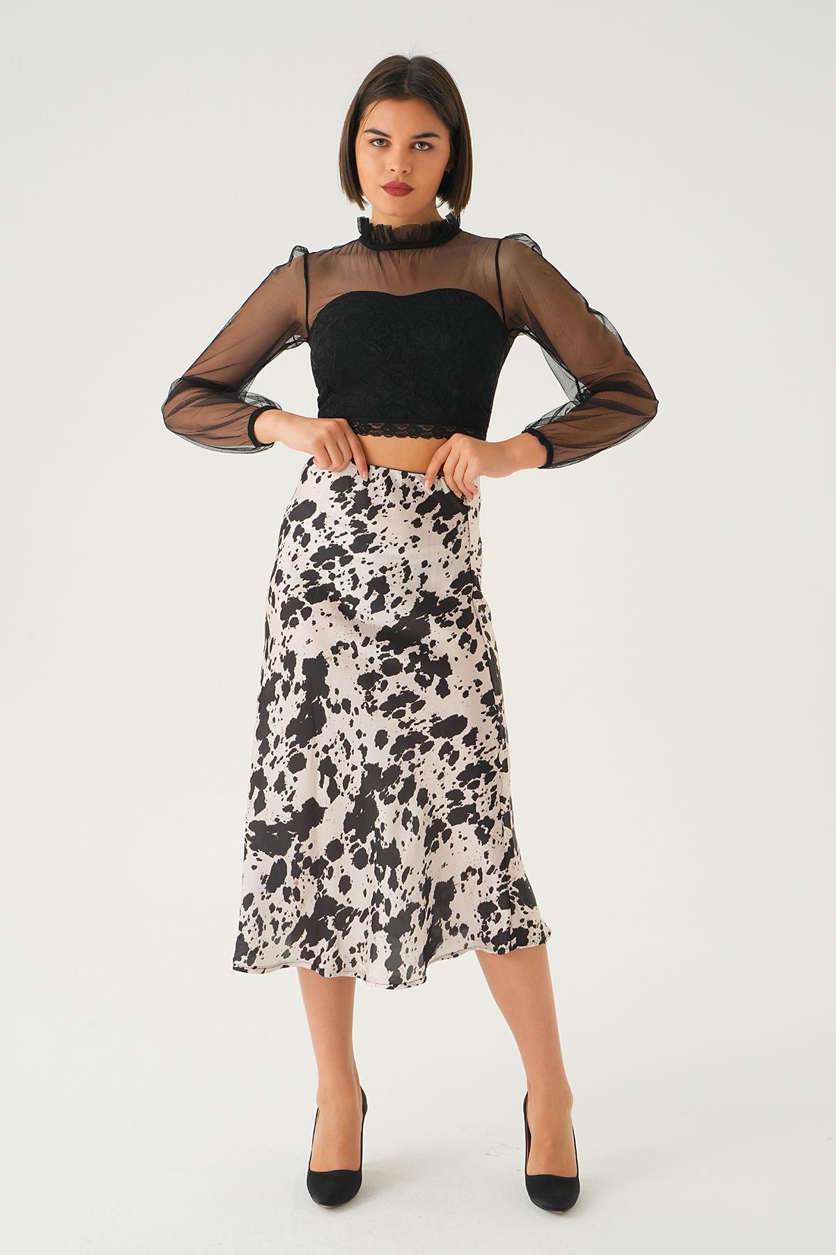 1341 Desenli Saten Etek Bej - 1