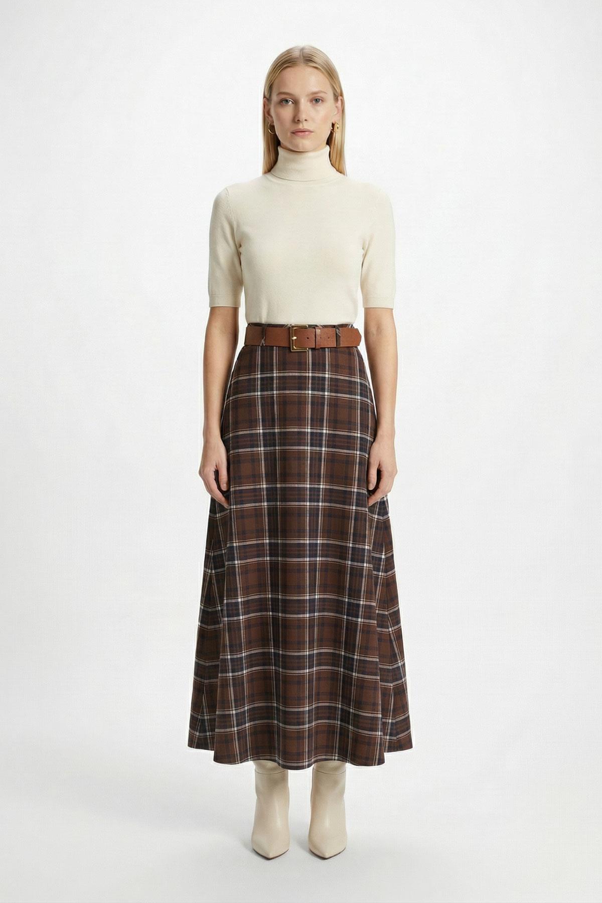 Acı Kahve Desenli Kemerli Etek 1344 - RAYS