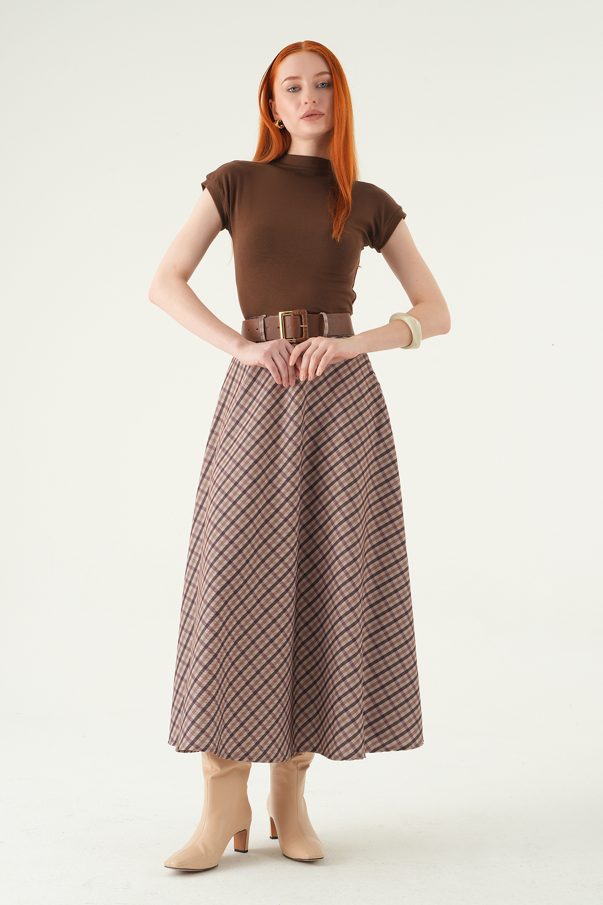 1344 Desenli Kemerli Etek Bej - 6