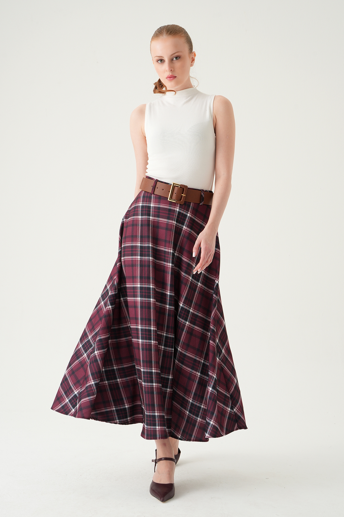 Bordo Desenli Kemerli Etek 1344 