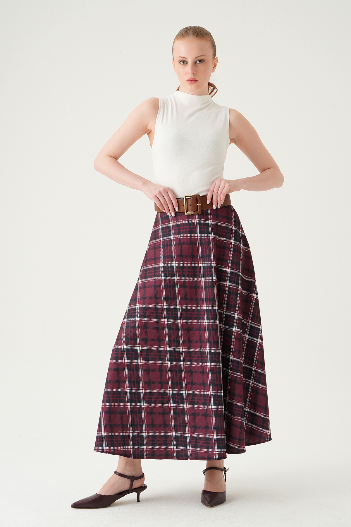 Bordo Desenli Kemerli Etek 1344 - 7