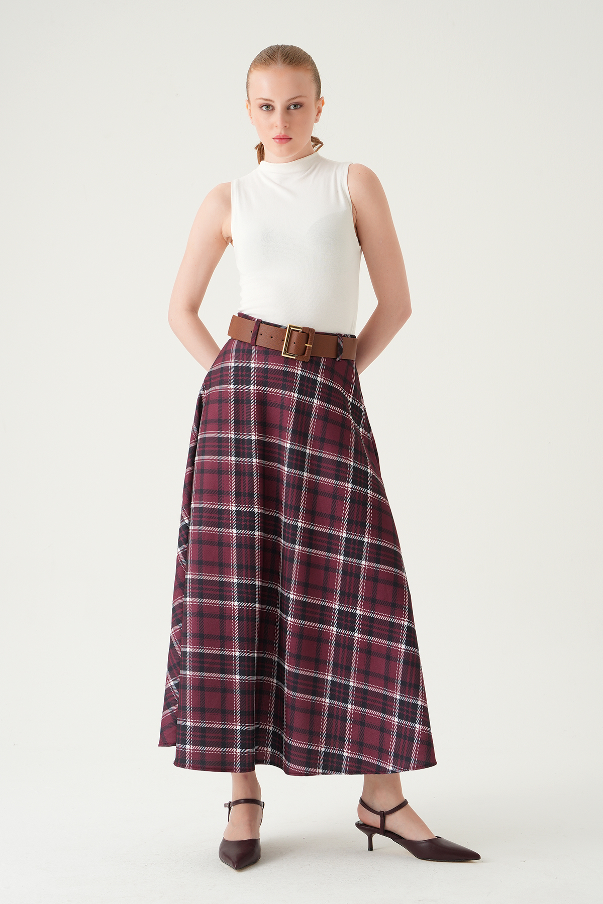 Bordo Desenli Kemerli Etek 1344 - 8