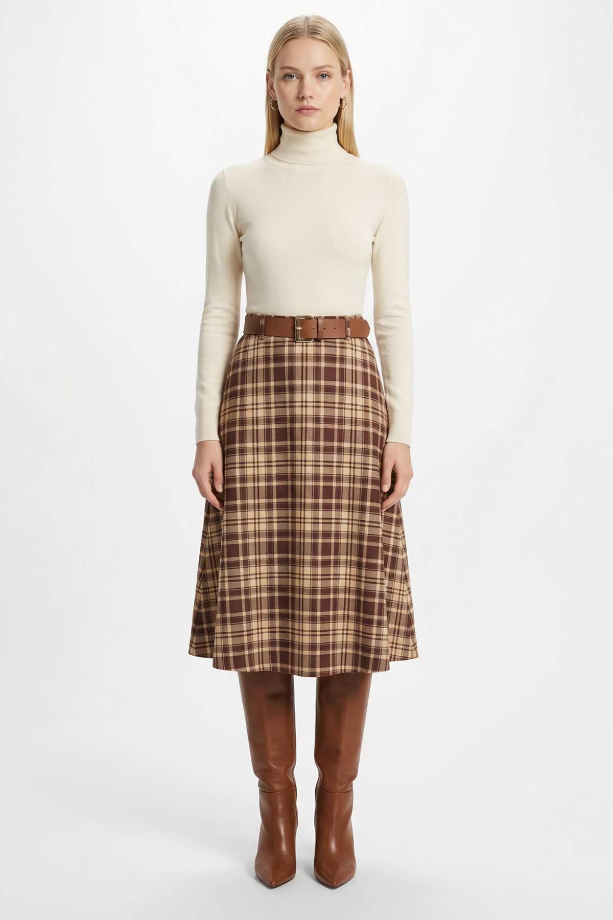 1344 Desenli Kemerli Etek Kahve - 1