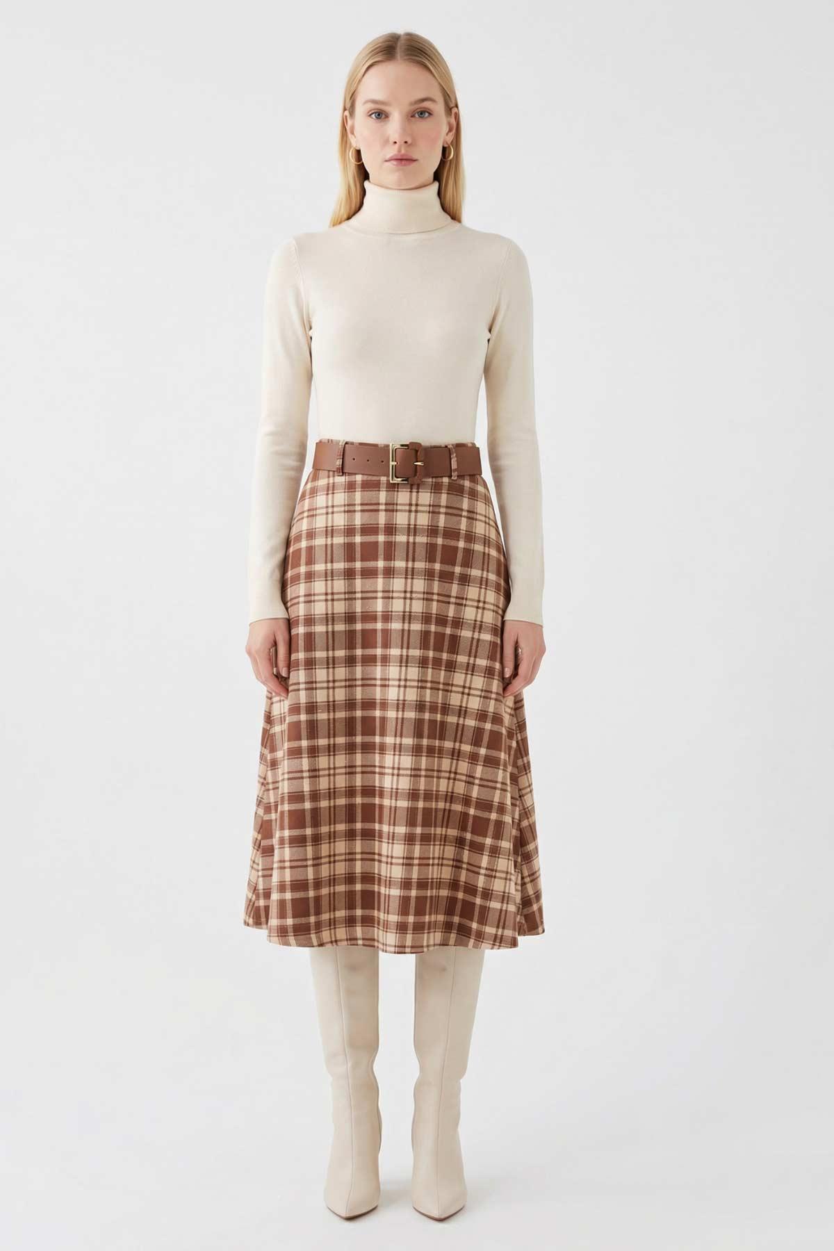 1344 Desenli Kemerli Etek Sütlü Kahve 