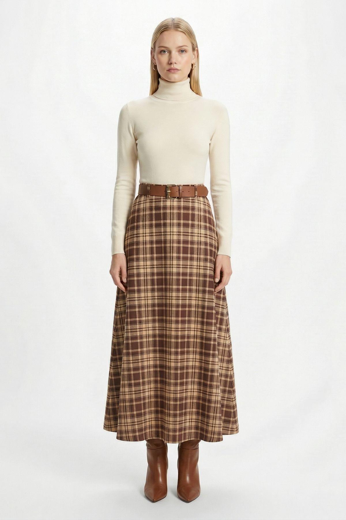 Sütlü Kahve Desenli Kemerli Etek 1344 - 1