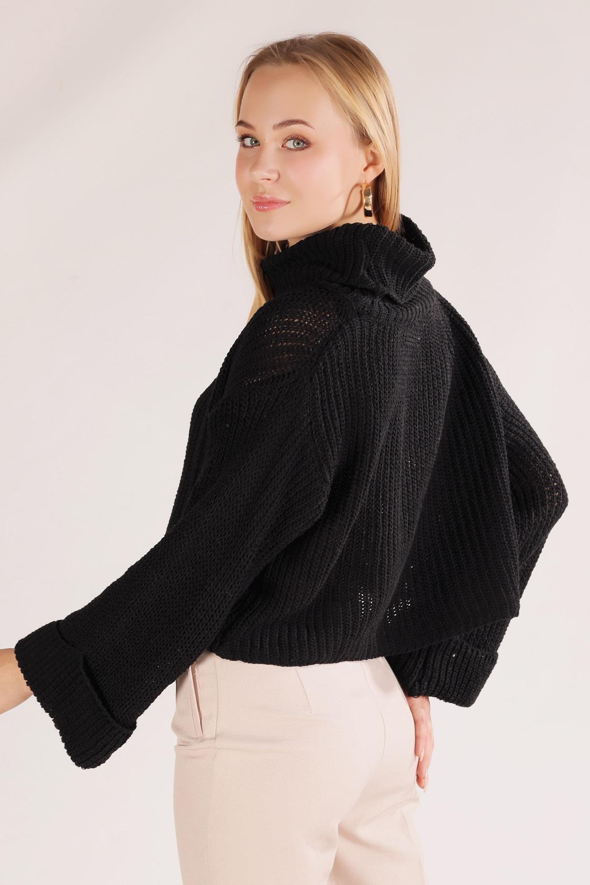 1366 Balıkçı Yaka İspanyol Kol Kazak Siyah - 7