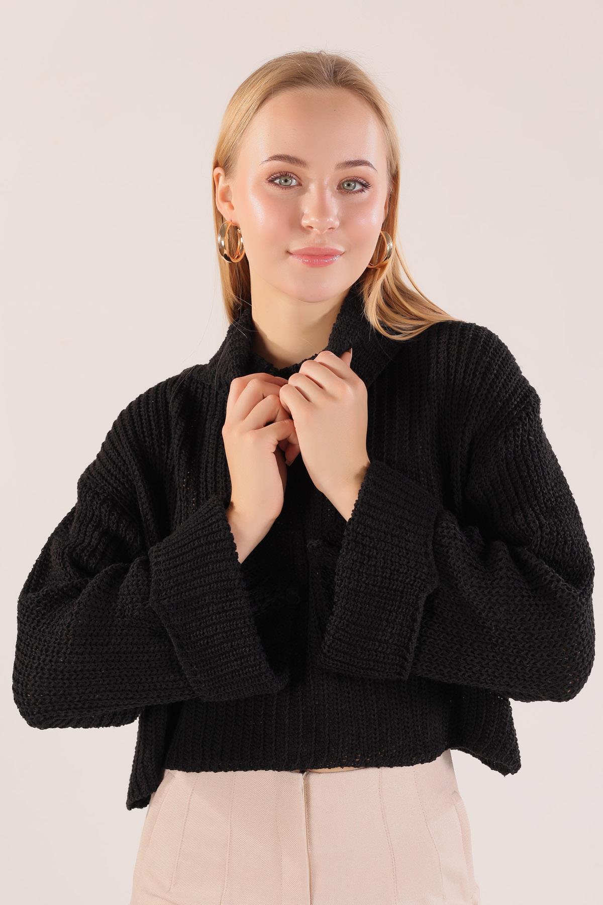 Siyah Balıkçı Yaka İspanyol Kol Kazak 1366 - 1