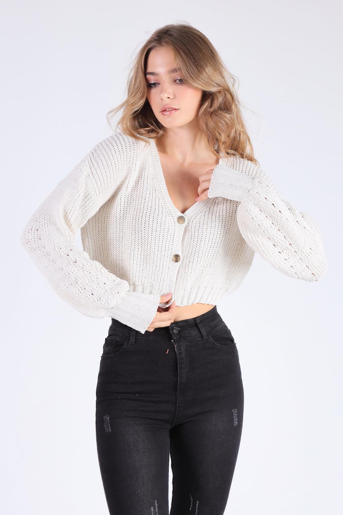 1368 Kısa Düğmeli Hırka Ekru - 3