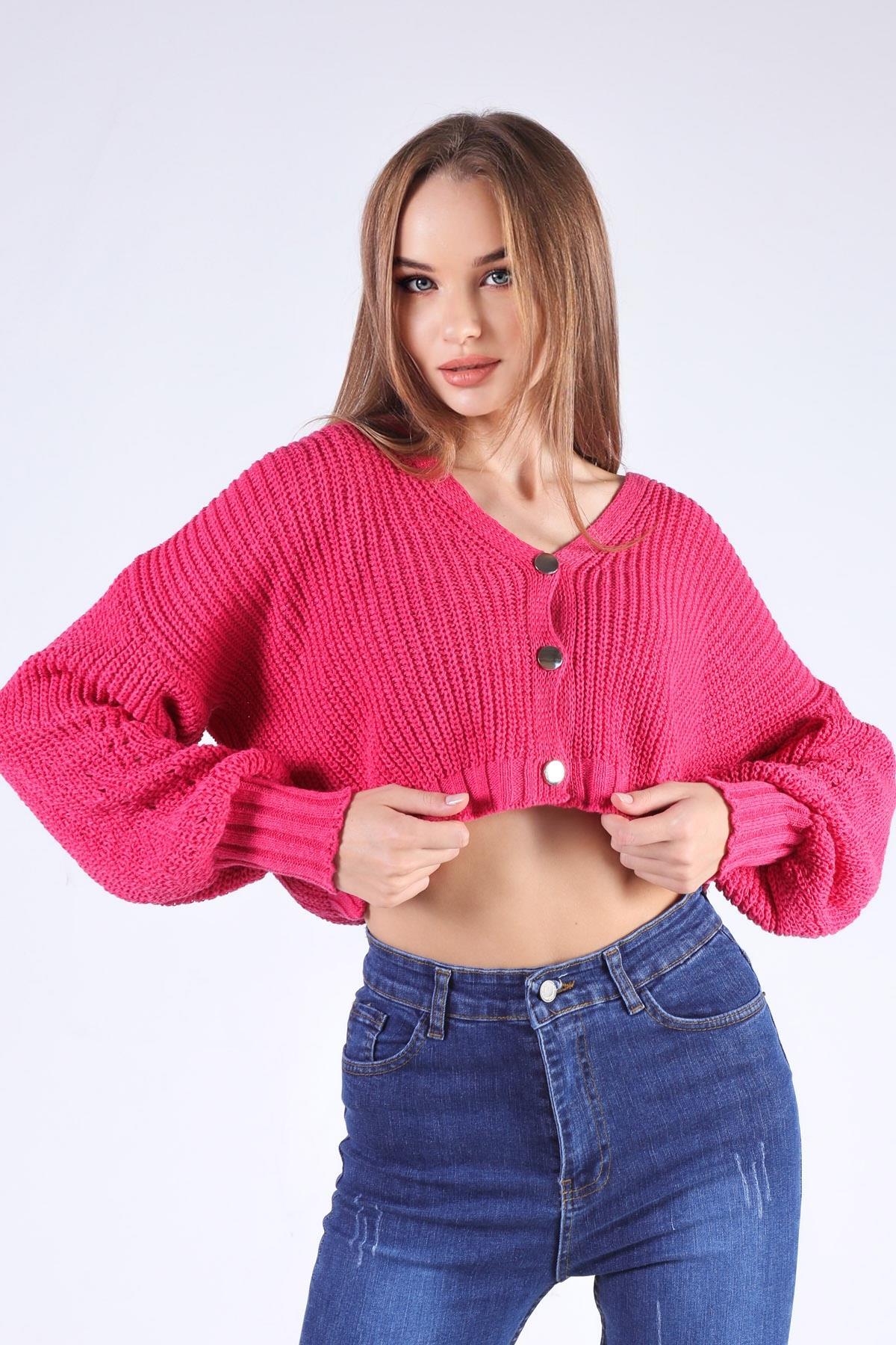 1368 Kısa Düğmeli Hırka Fuşya - 3