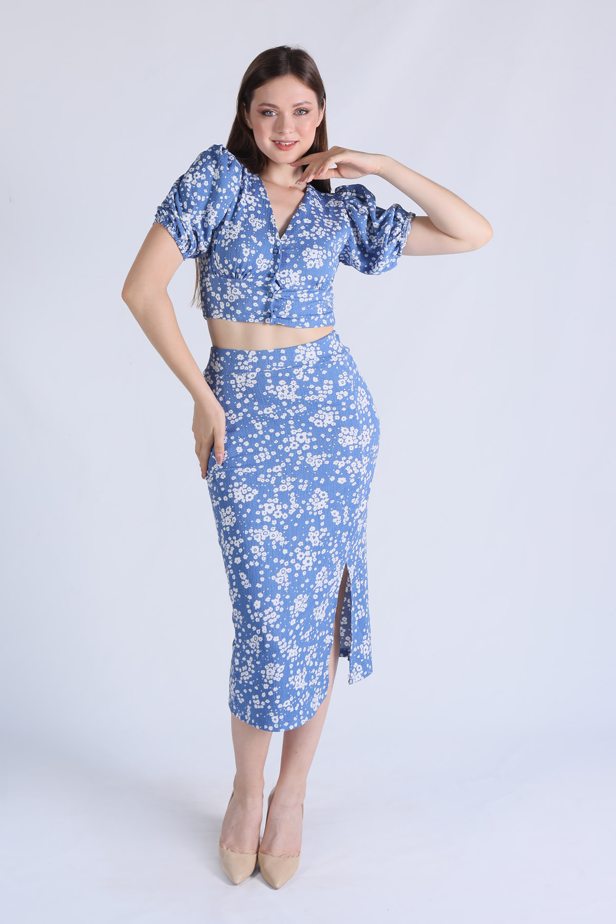 1374 Önü Düğmeli Yırtmaçlı Desenli Takım Mavi 