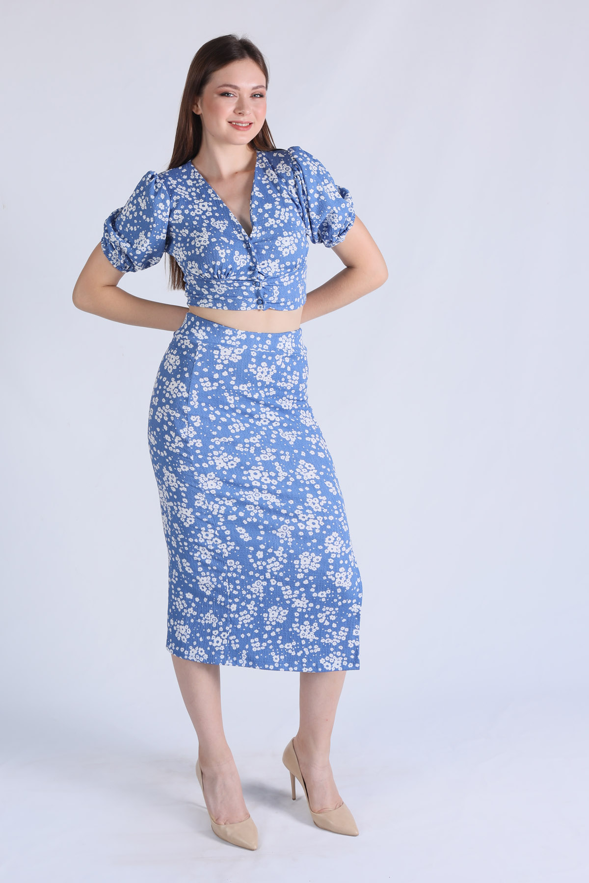 1374 Önü Düğmeli Yırtmaçlı Desenli Takım Mavi - 2