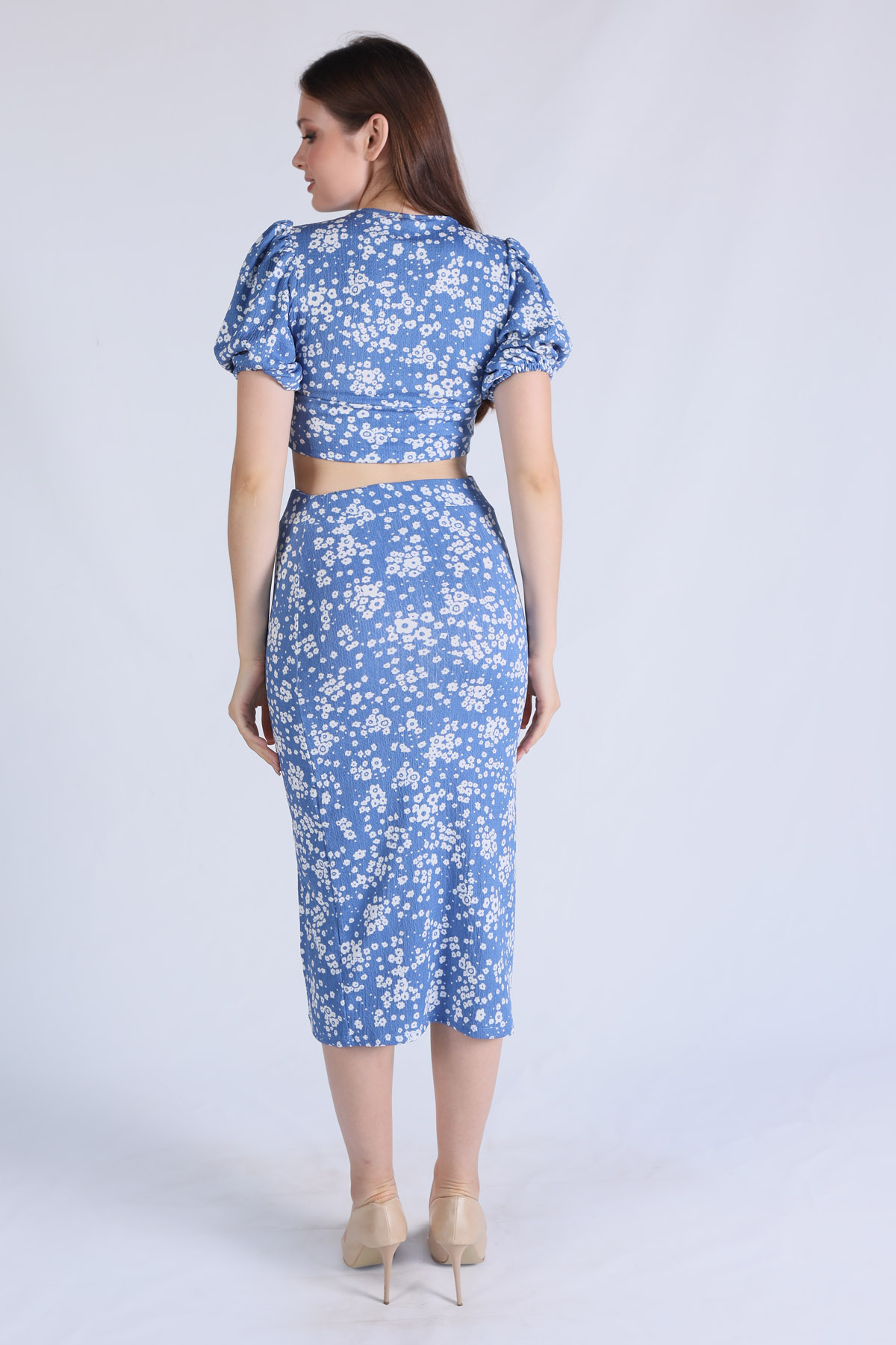 1374 Önü Düğmeli Yırtmaçlı Desenli Takım Mavi - 4