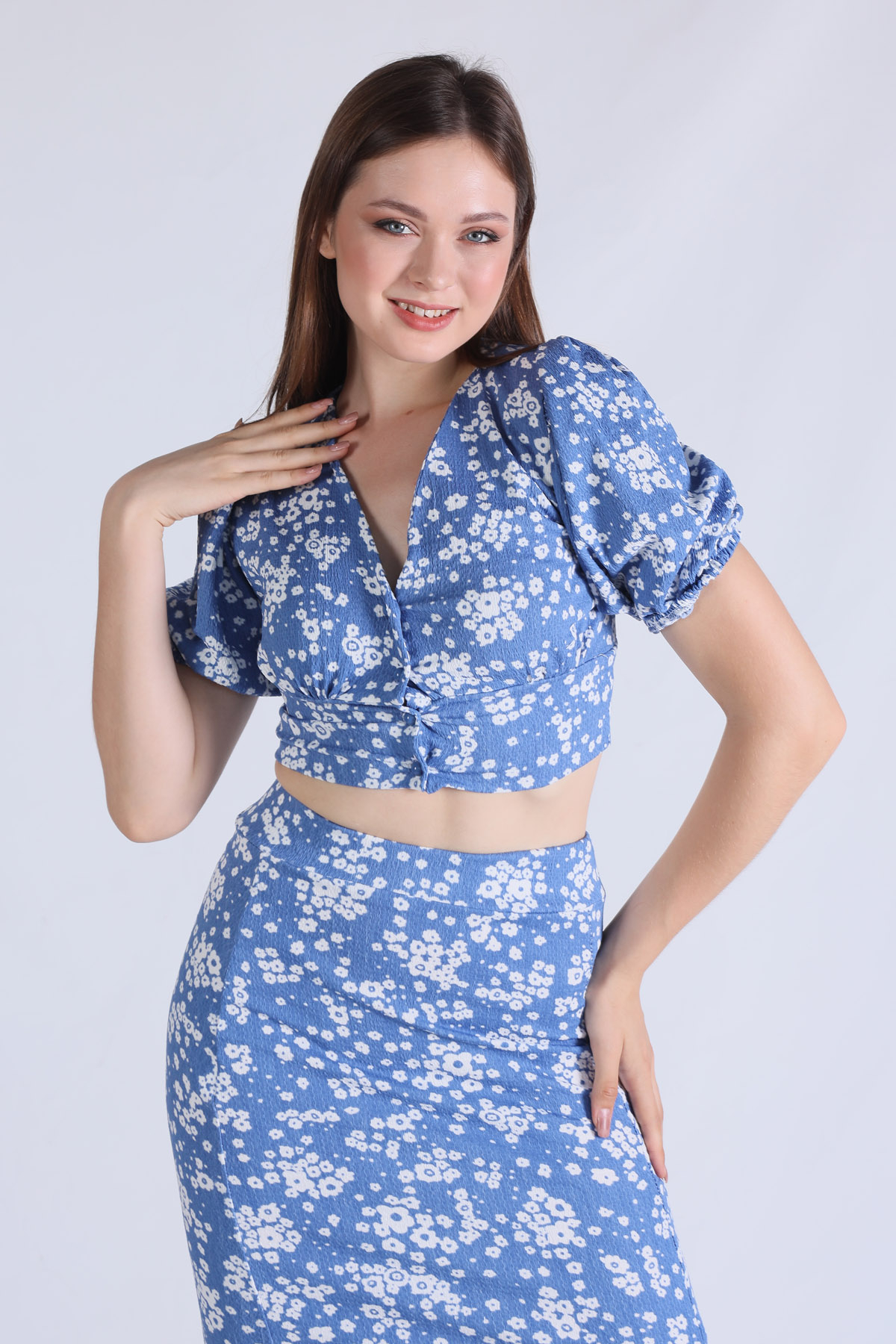 Mavi Önü Düğmeli Yırtmaçlı Desenli Takım 1374 - 3