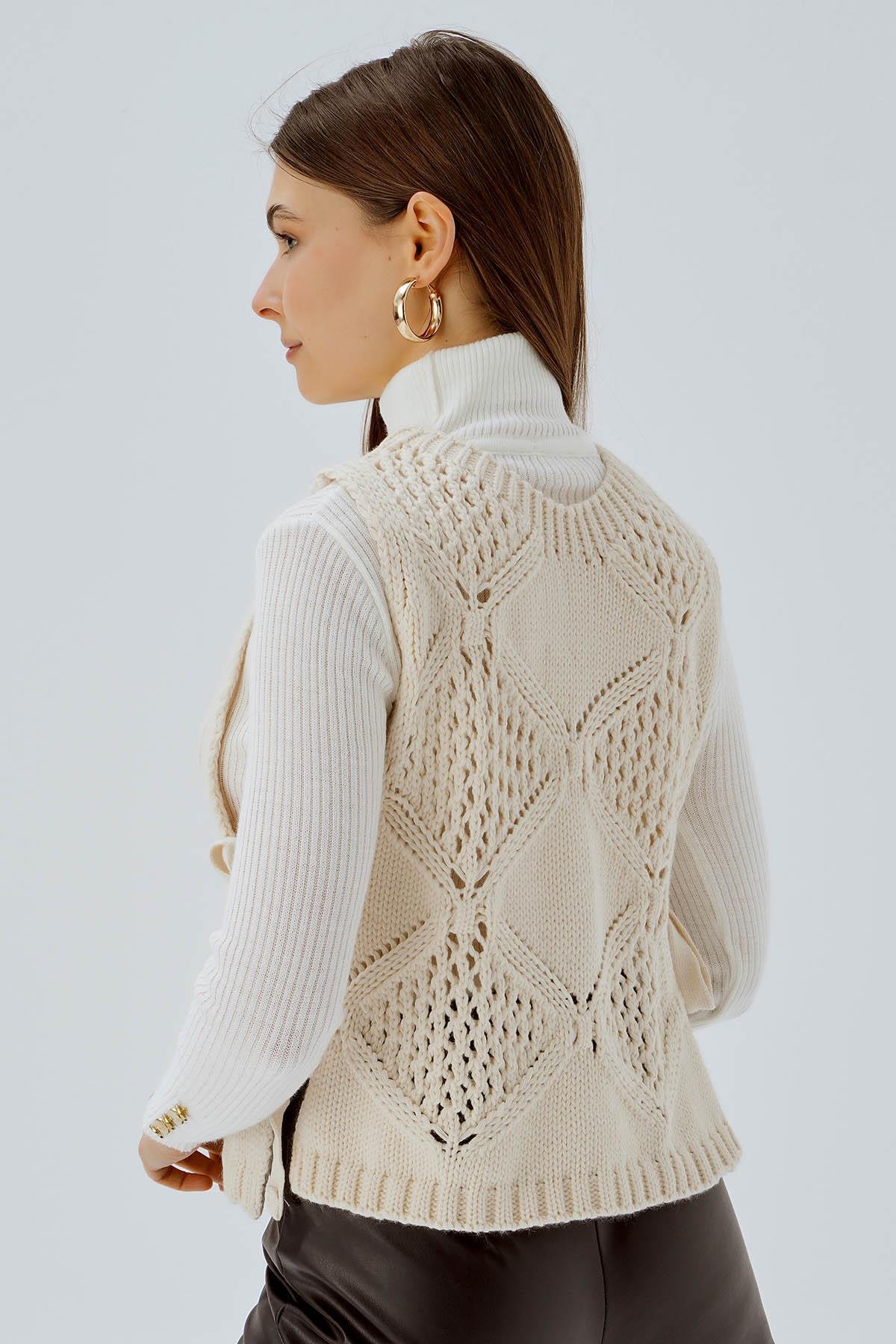 1381 Yan Bağlama Detay Süveter Bej - 5