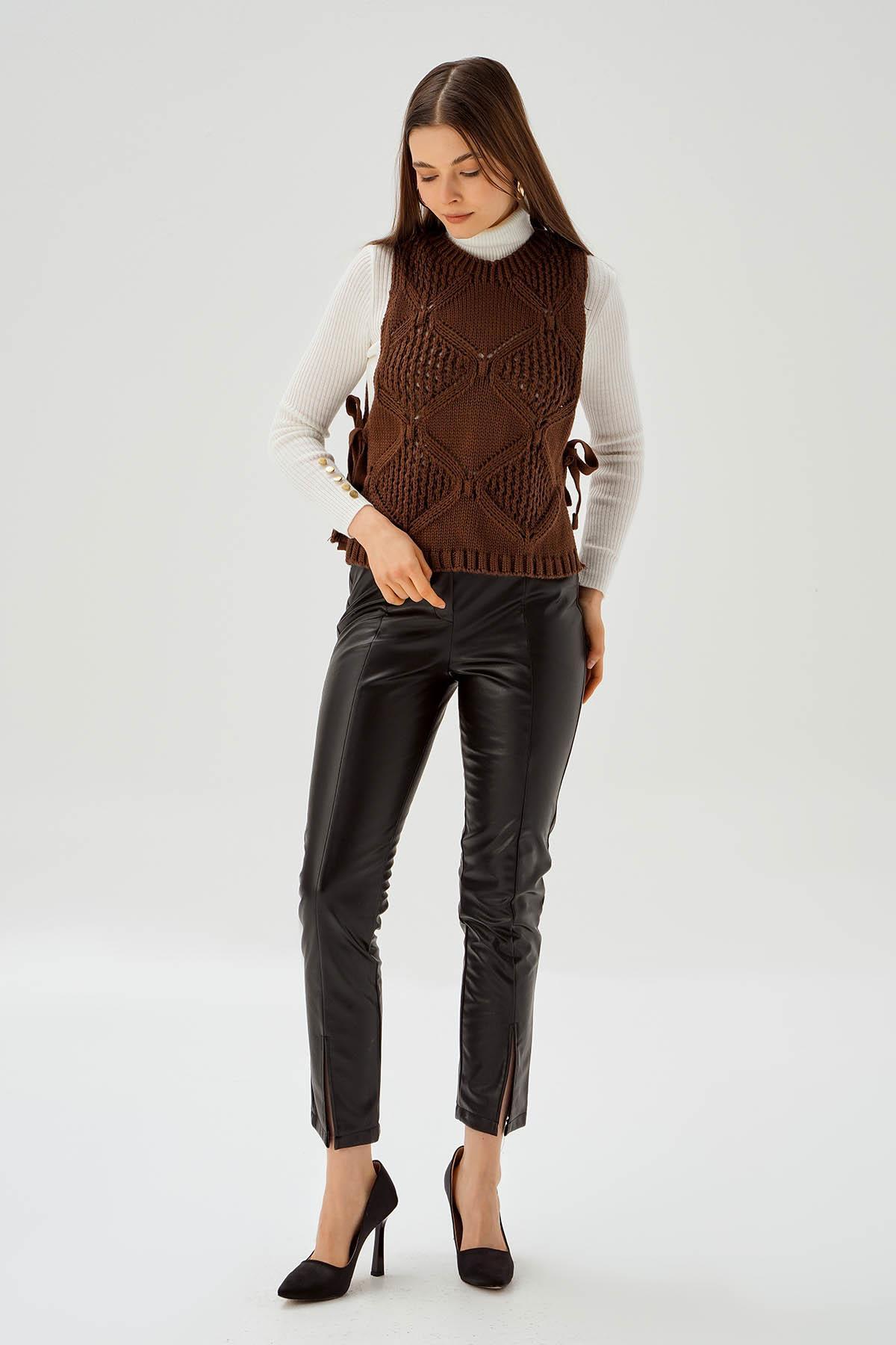 Kahve Yan Bağlama Detay Süveter 1381 - 3