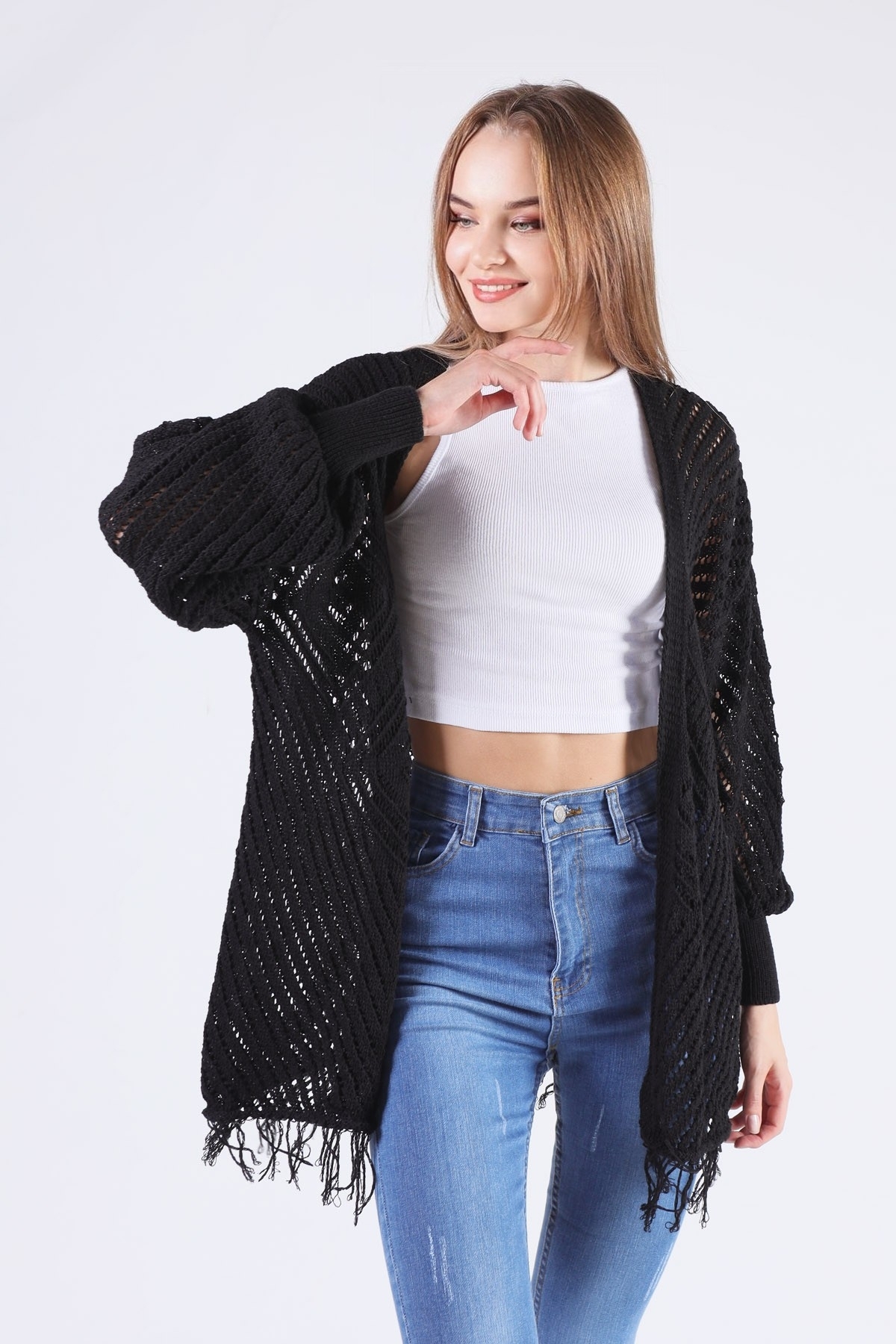 1393 Kelebek Desen Püsküllü Hırka Siyah - 5