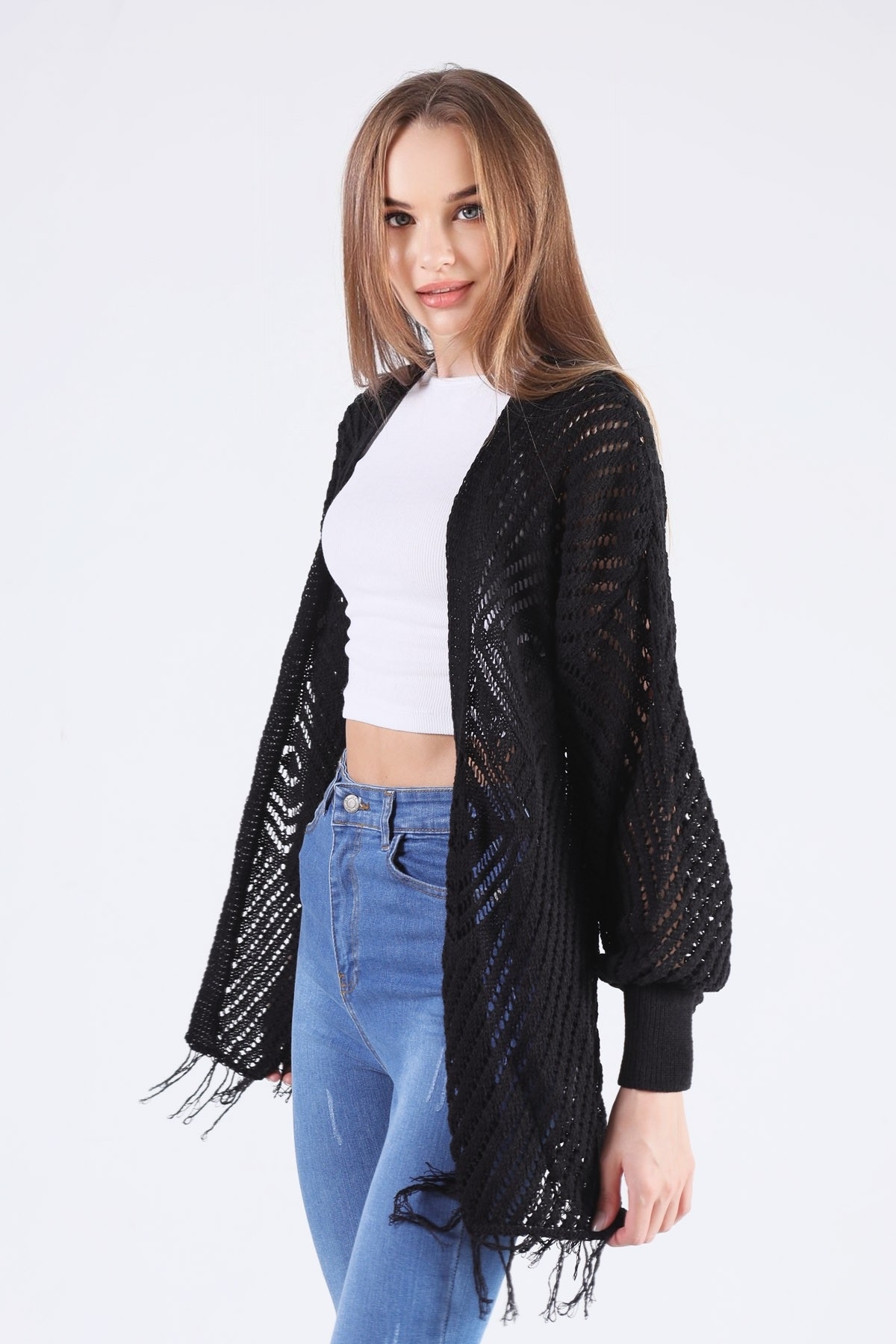 Siyah Kelebek Desen Püsküllü Hırka 1393 - 3