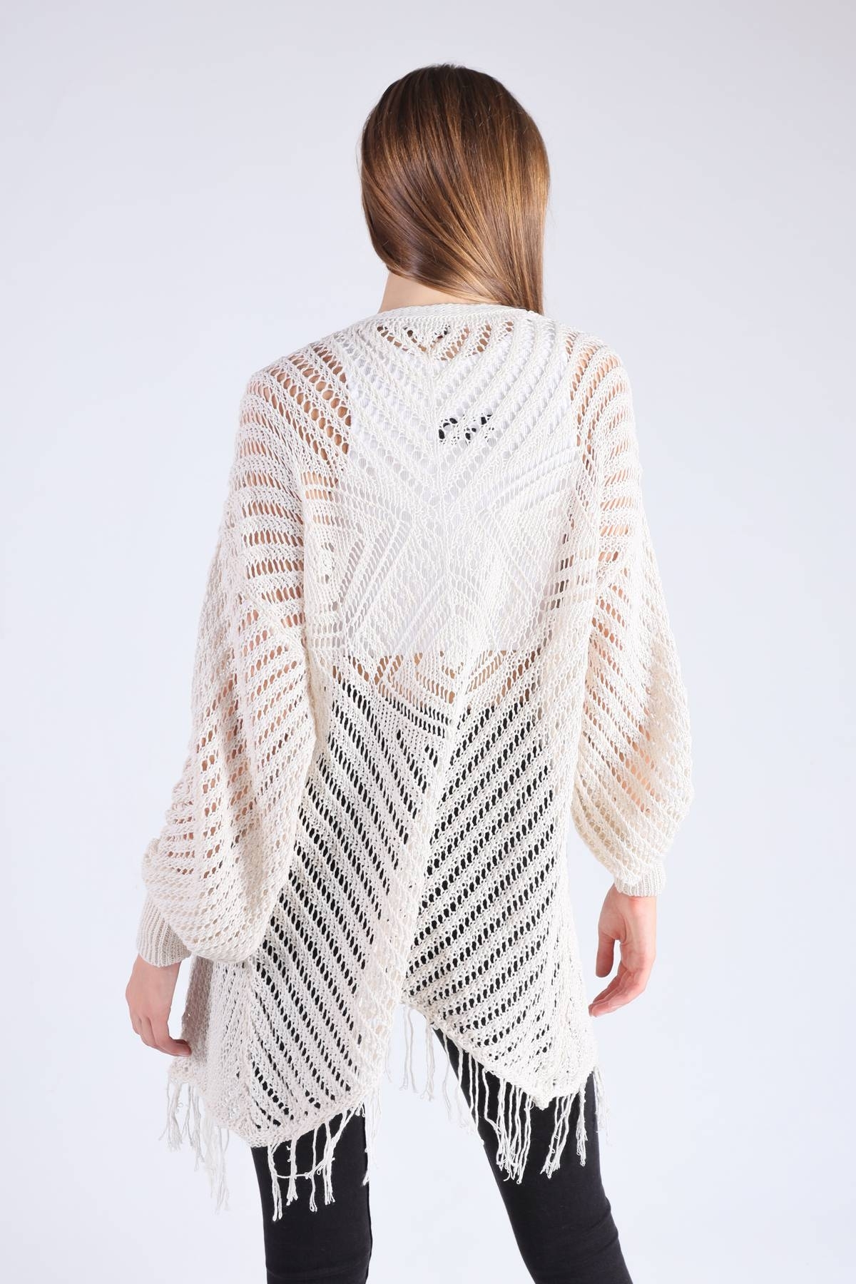 1393 Kelebek Desen Püsküllü Hırka Taş - 4