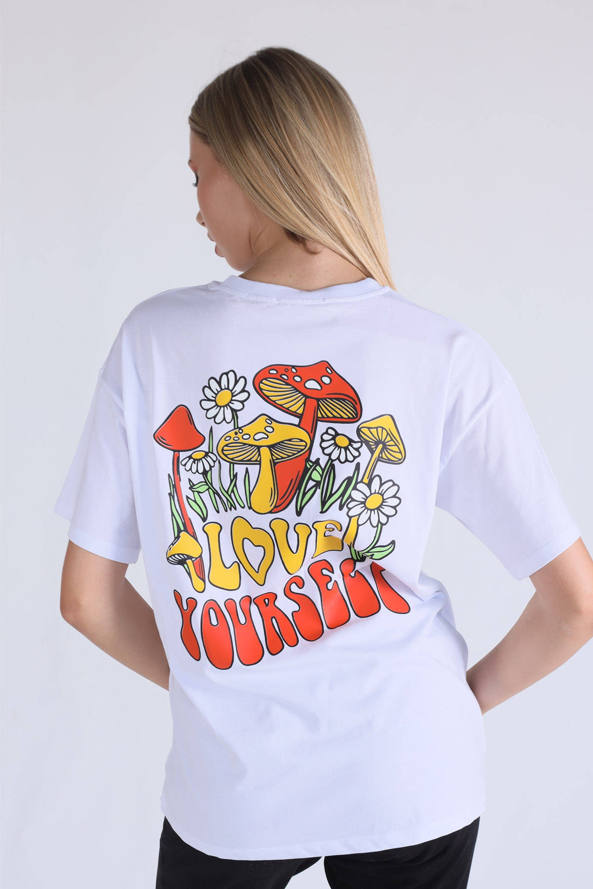 Beyaz Love Yourself Baskı Tişört 1395 