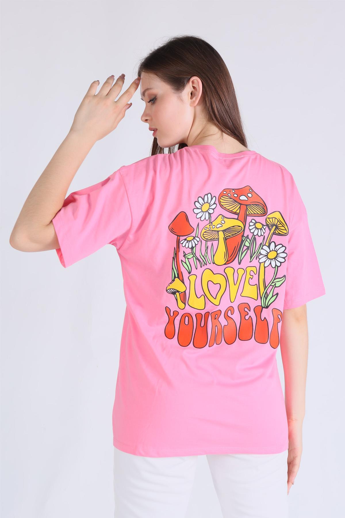 Pembe Love Yourself Baskı Tişört 1395 