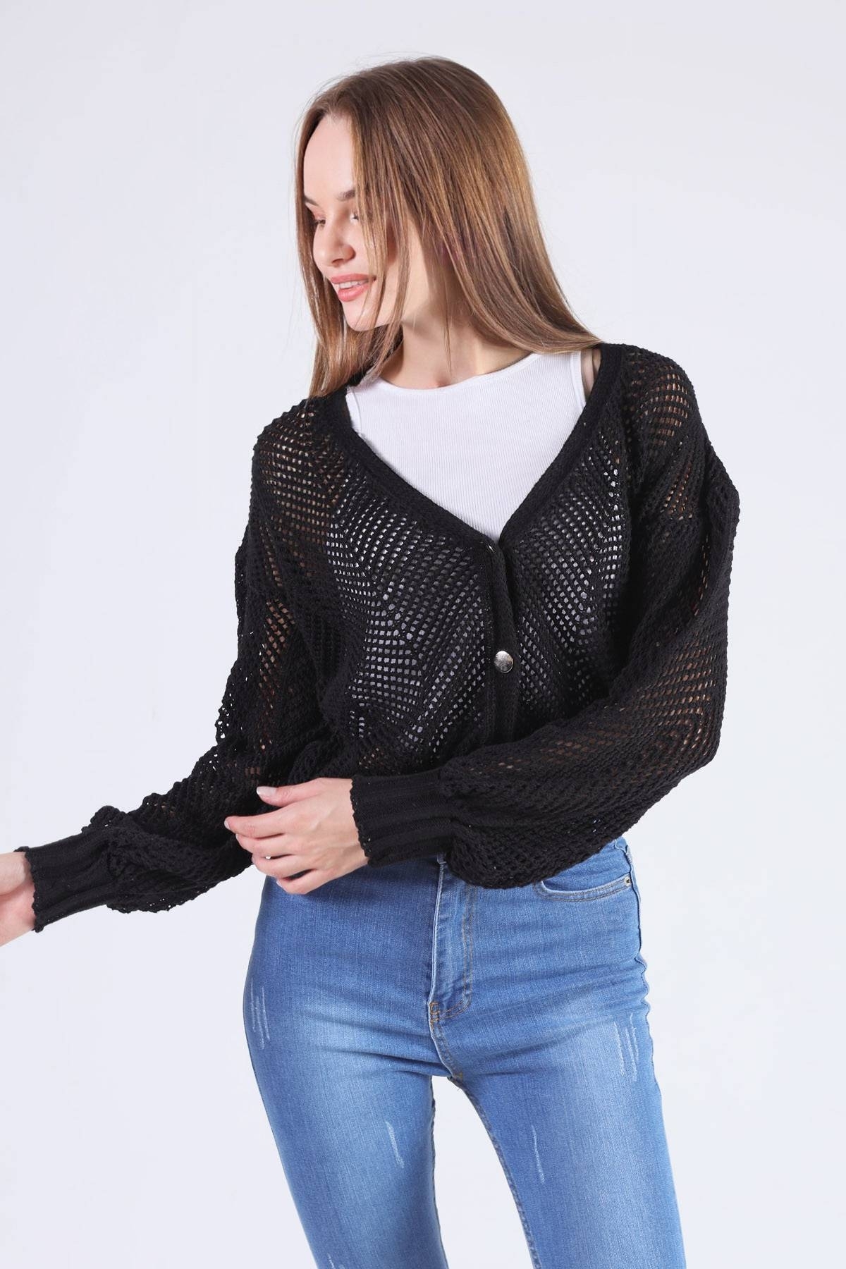 1405 Metal Düğmeli Hırka Siyah - 4