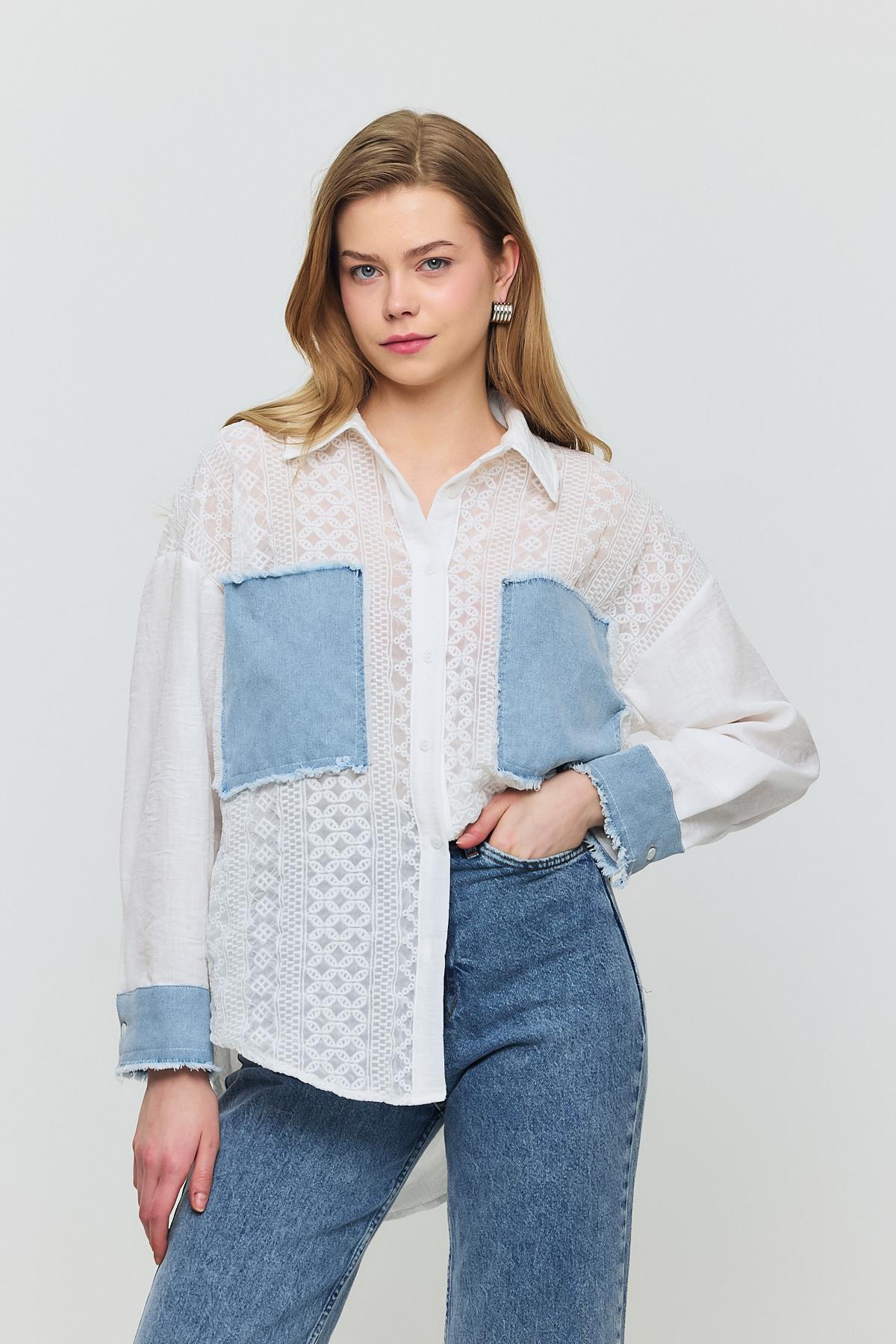 1413 Kot Garnili Dantelli Gömlek Ekru - RAYS