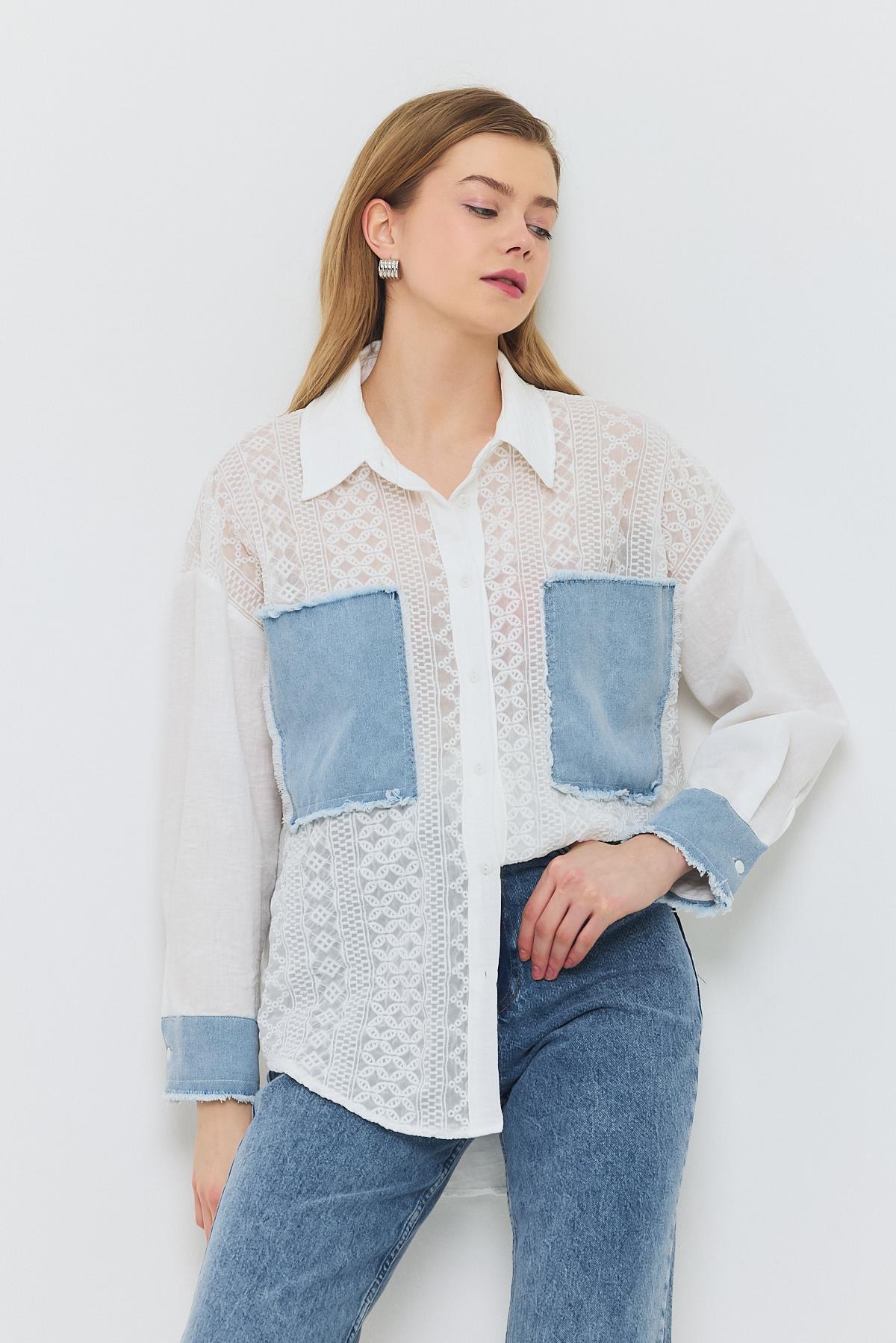 1413 Kot Garnili Dantelli Gömlek Ekru - 6