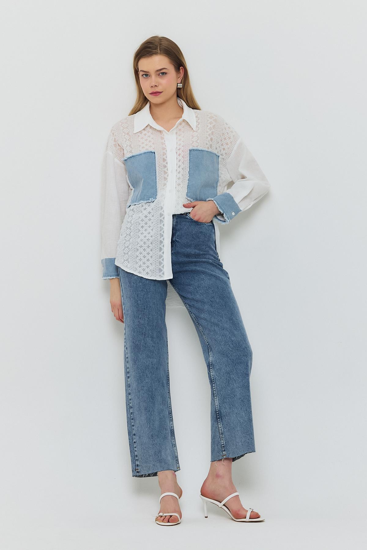 1413 Kot Garnili Dantelli Gömlek Ekru 