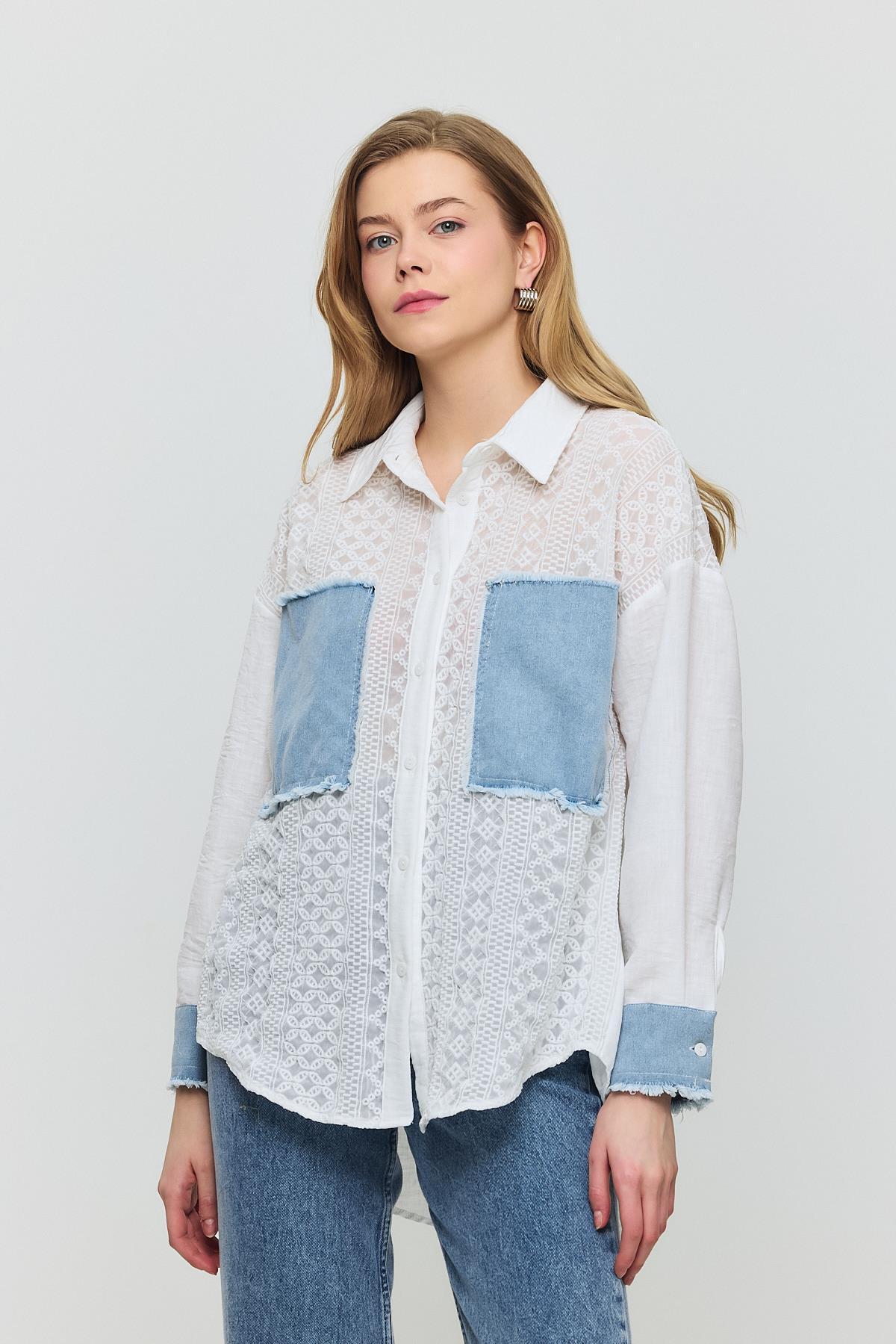 1413 Kot Garnili Dantelli Gömlek Ekru - 3