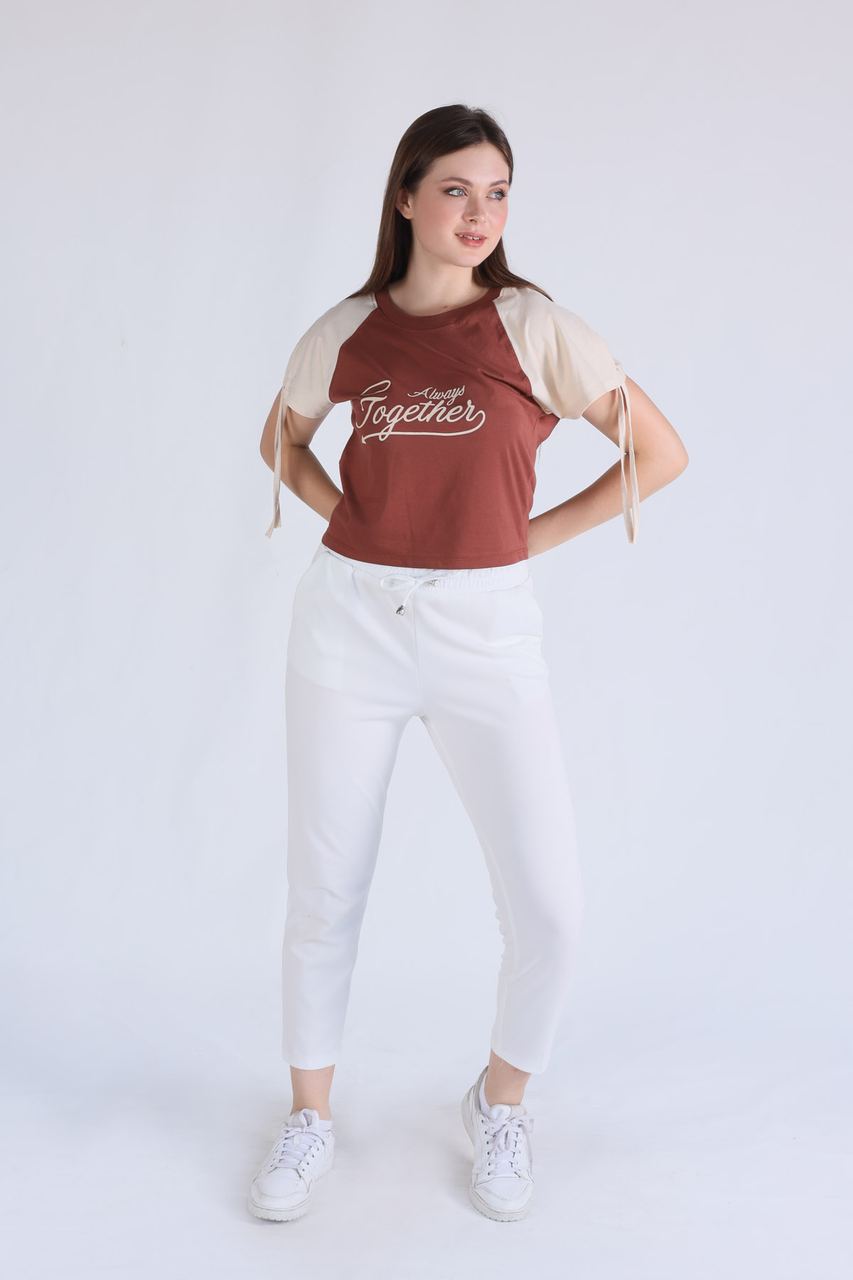 1436 Kol Büzgü Detay Crop Tişört Kahve - 4