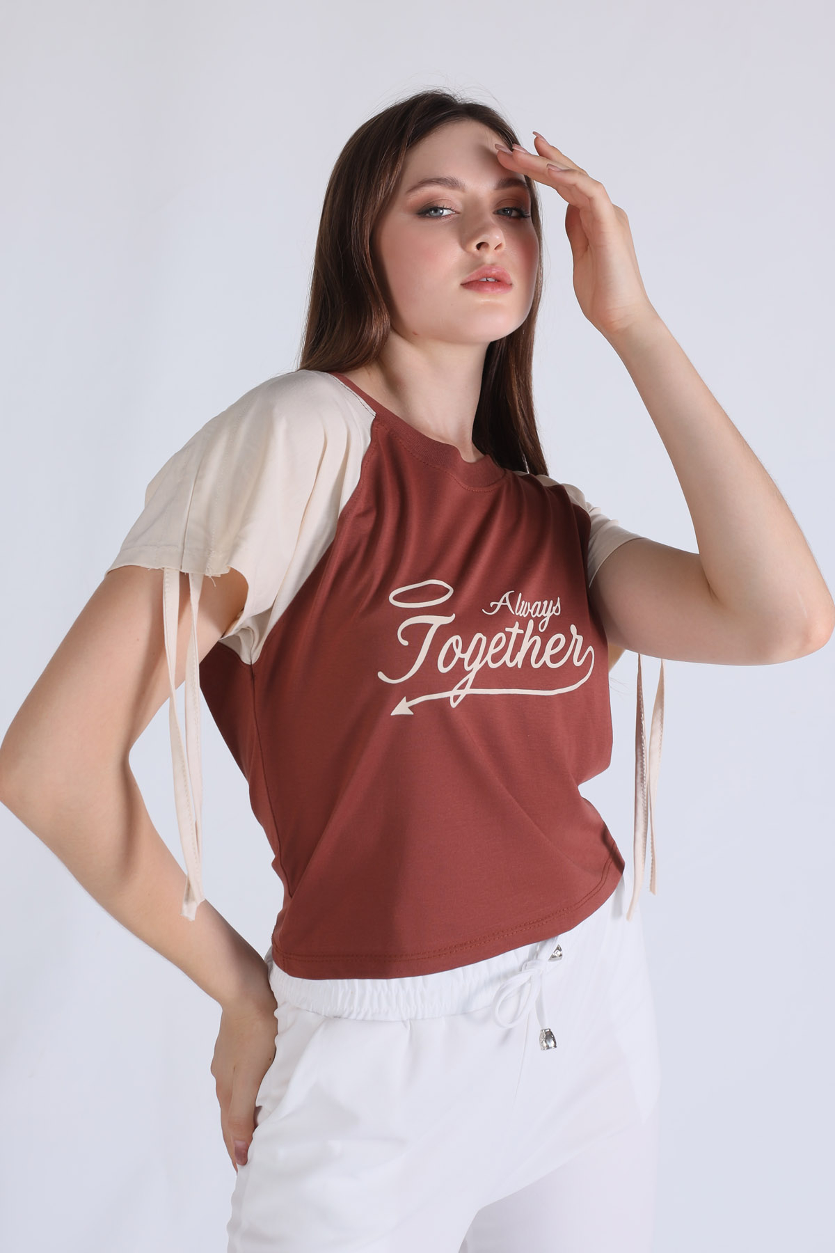 Kahve Kol Büzgü Detay Crop Tişört 1436 