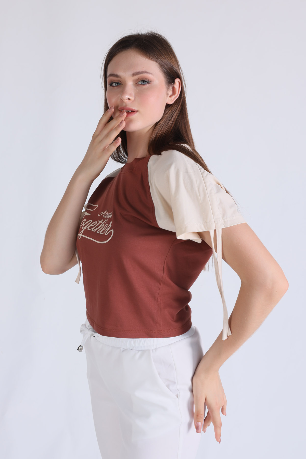 Kahve Kol Büzgü Detay Crop Tişört 1436 - 3