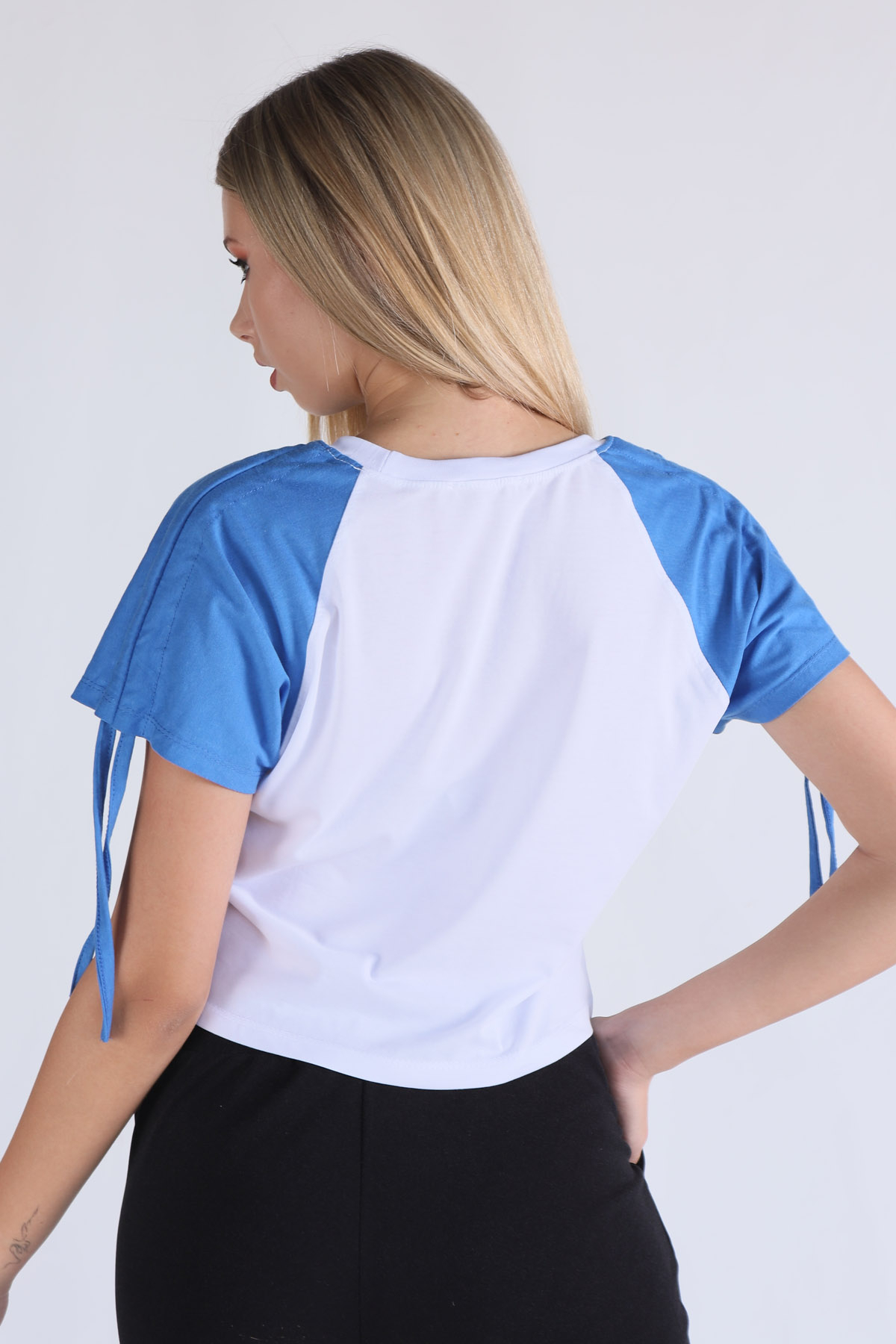 1436 Kol Büzgü Detay Crop Tişört Mavi - 4