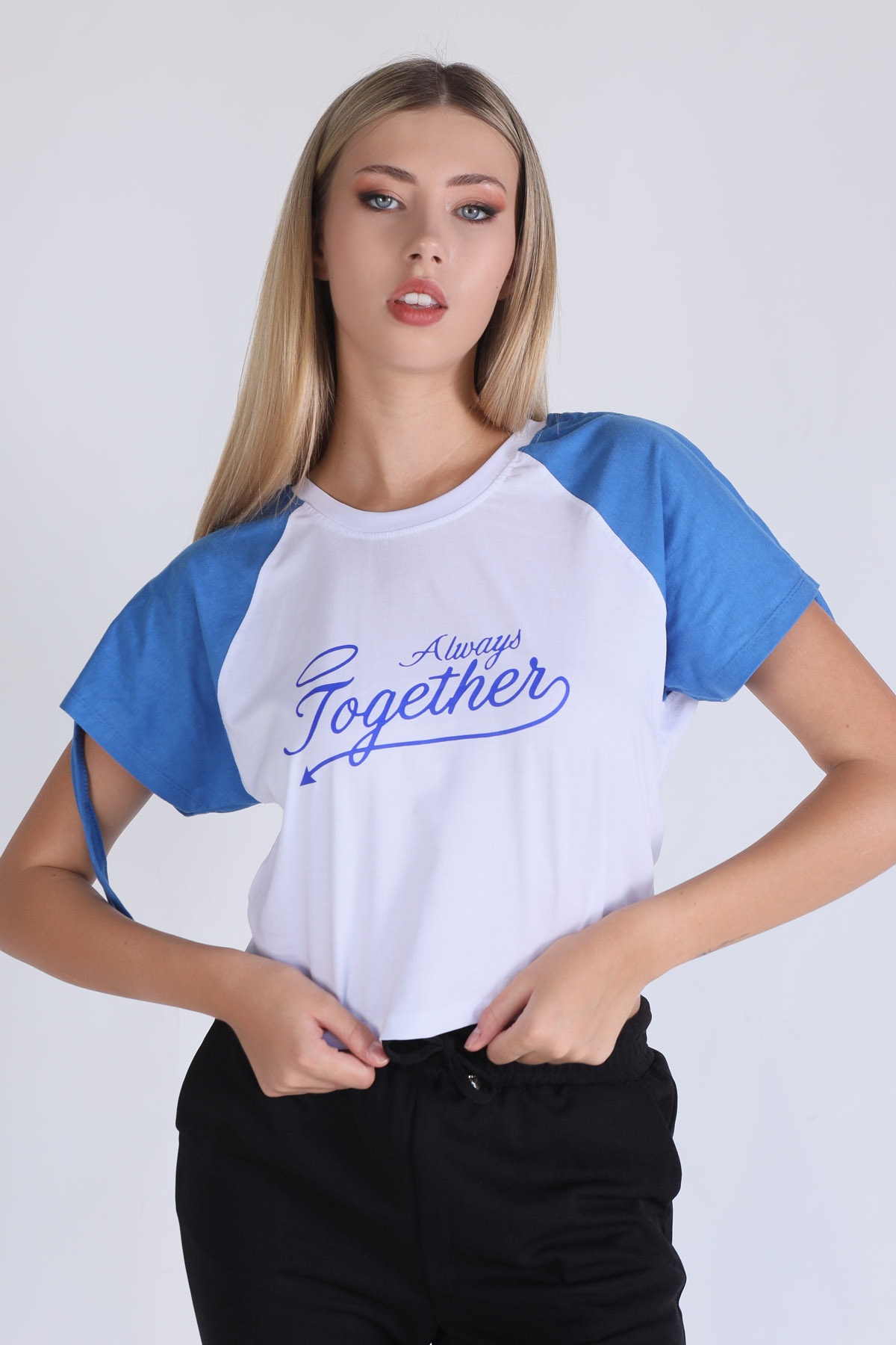 Mavi Kol Büzgü Detay Crop Tişört 1436 - 1