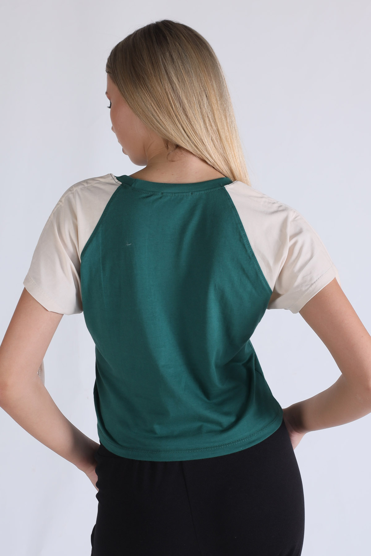 1436 Kol Büzgü Detay Crop Tişört Yeşil - 3