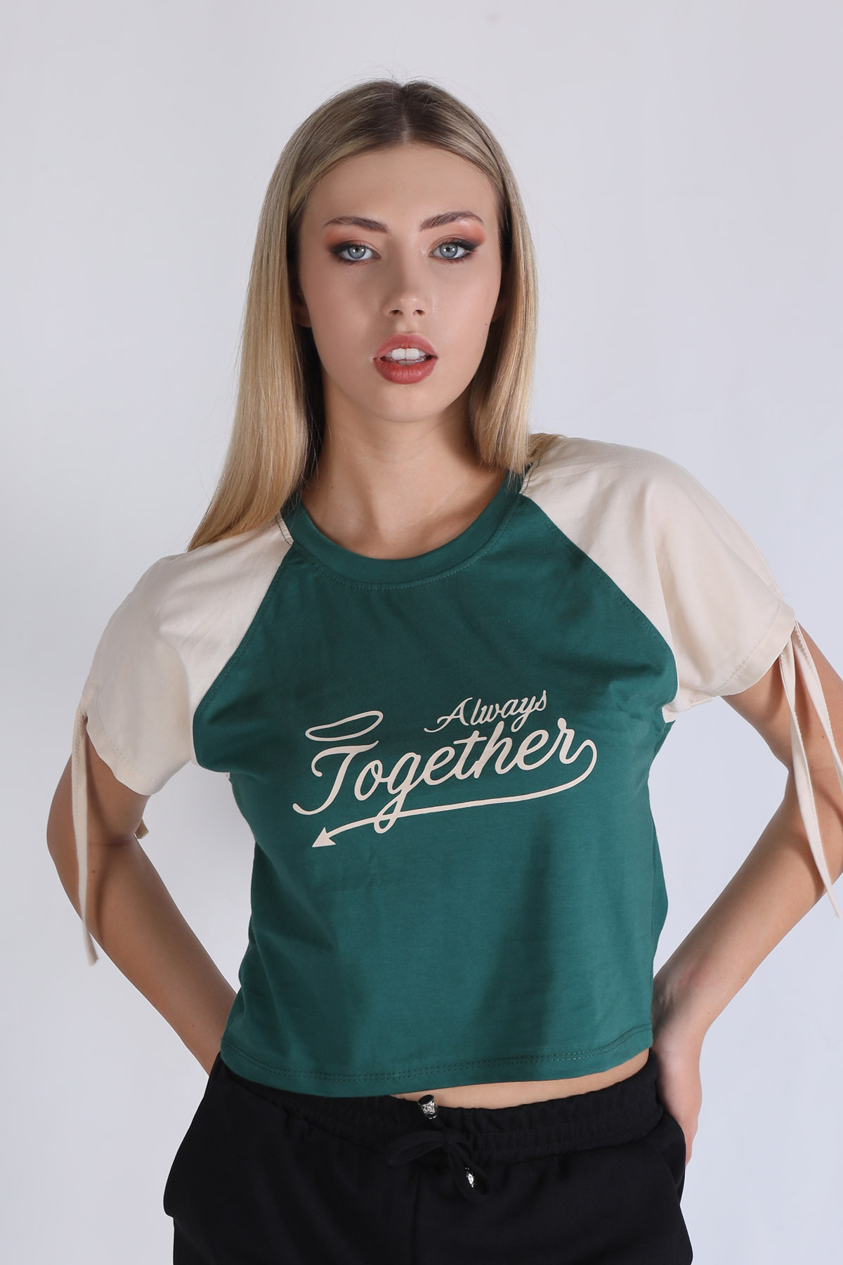 1436 Kol Büzgü Detay Crop Tişört Yeşil - 2