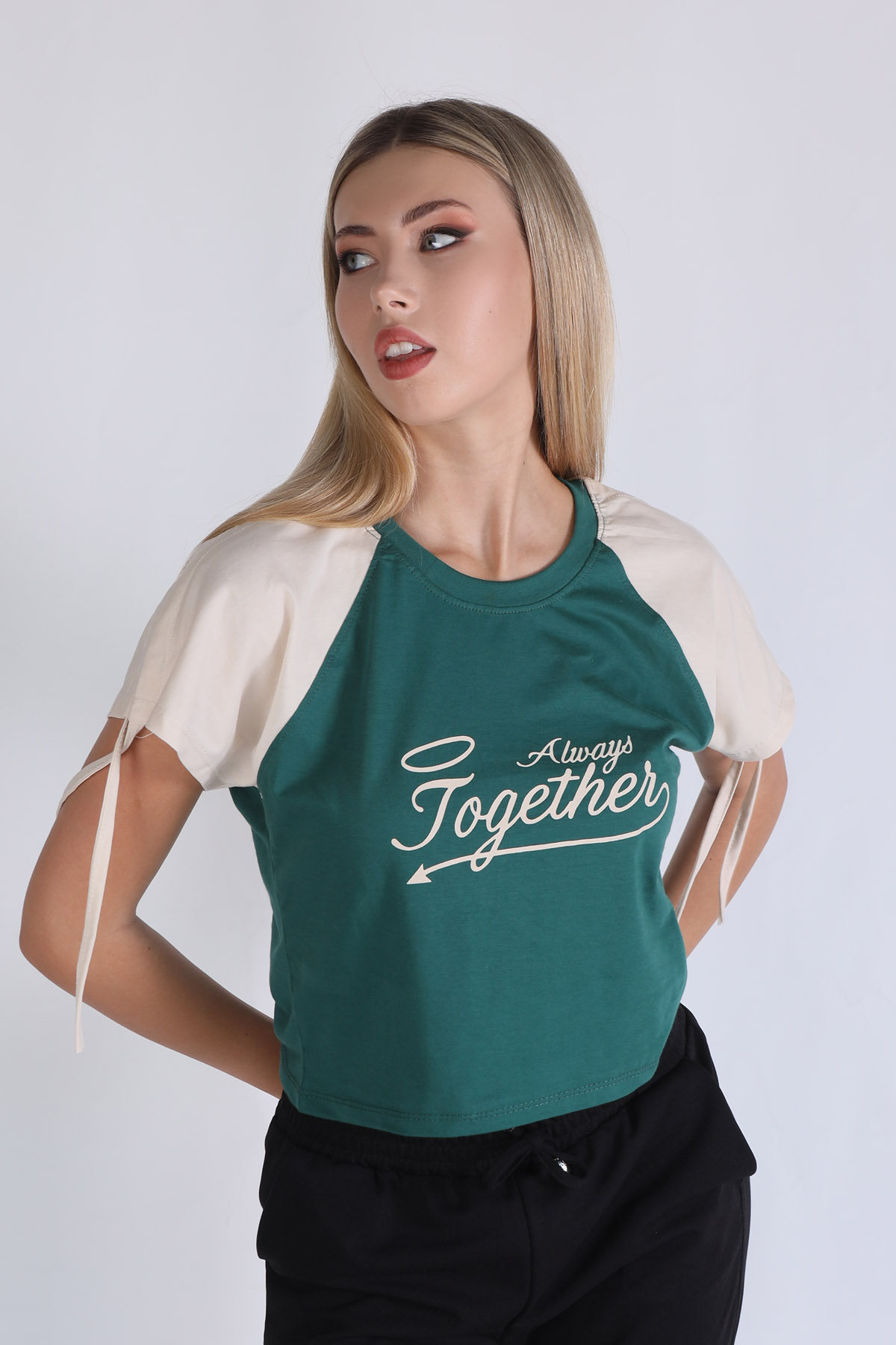 Yeşil Kol Büzgü Detay Crop Tişört 1436 - 1