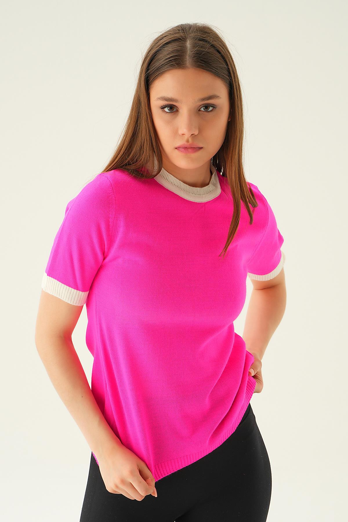 1442 Yaka ve Kol Çizgi Tişört Fuşya - 1