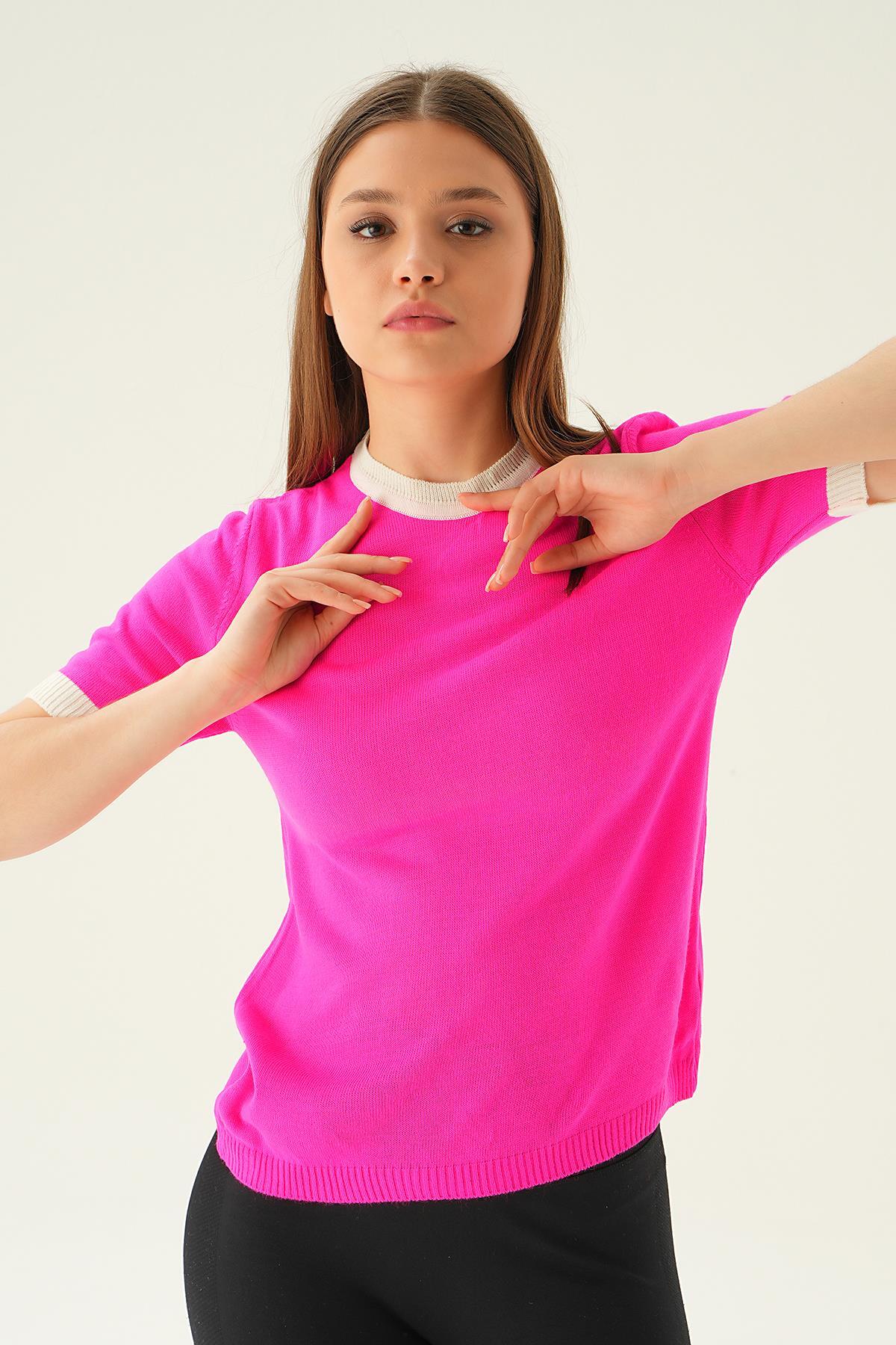 1442 Yaka ve Kol Çizgi Tişört Fuşya - 2