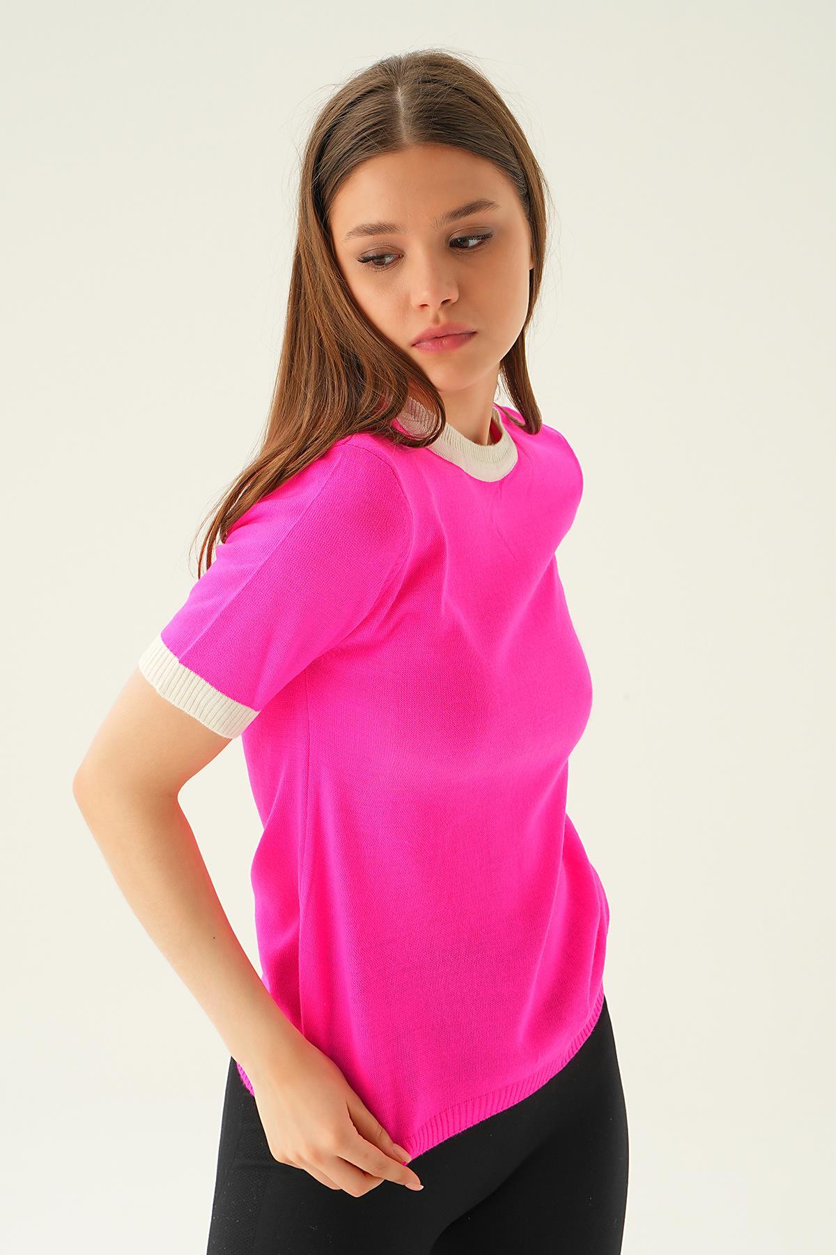 1442 Yaka ve Kol Çizgi Tişört Fuşya - 4